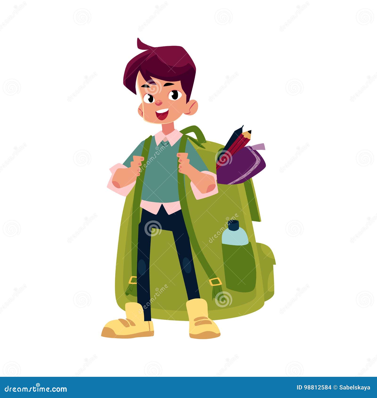 Vector Boy with Big School Bag Stands Smiling Stock Vector - Illustration  of child, funny: 98812584