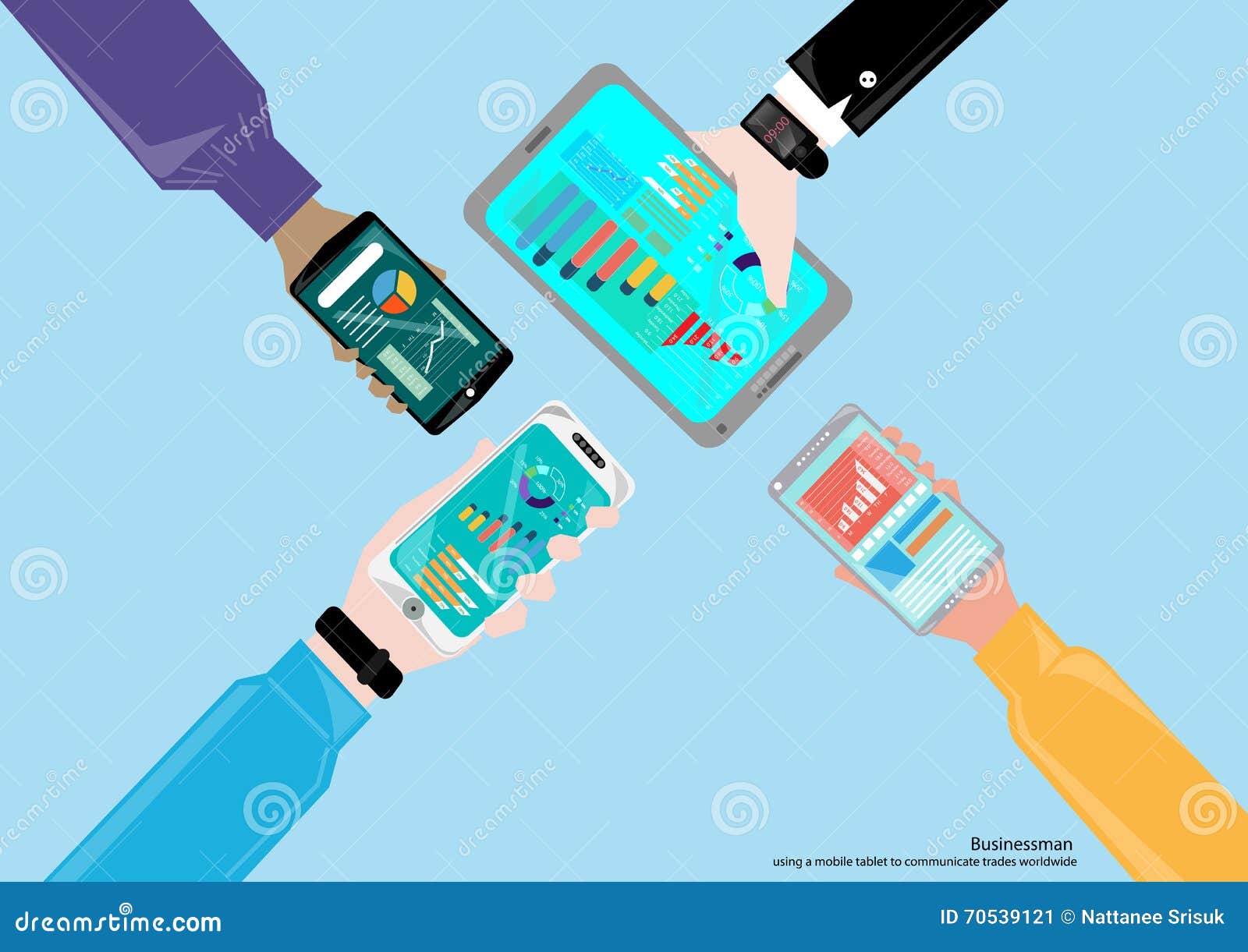 Vector Businessman Using a Mobile Tablet with a Graph Display. Stock