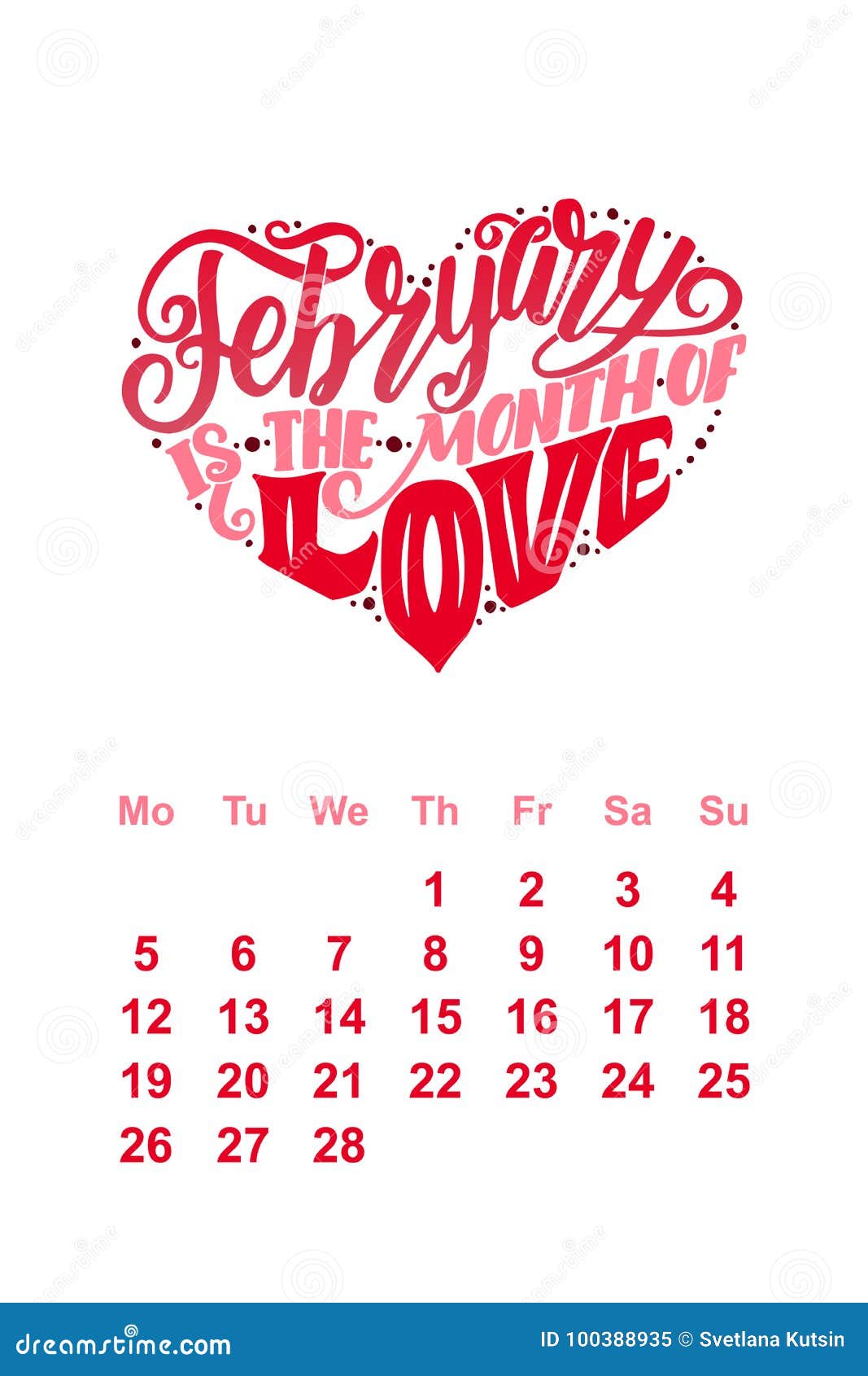 Vector Calendar for February. Hand Drawn Lettering Quote for Calendar