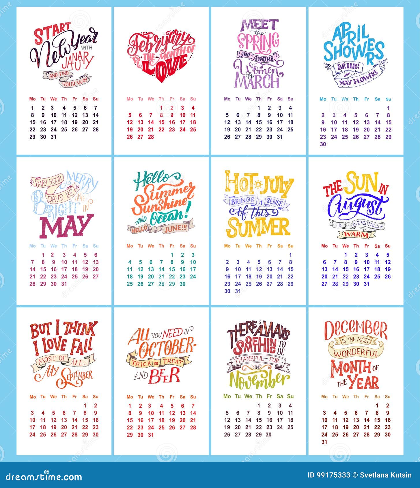 Vector Calendar for Months 2 0 1 8. Hand Drawn Lettering Quotes for