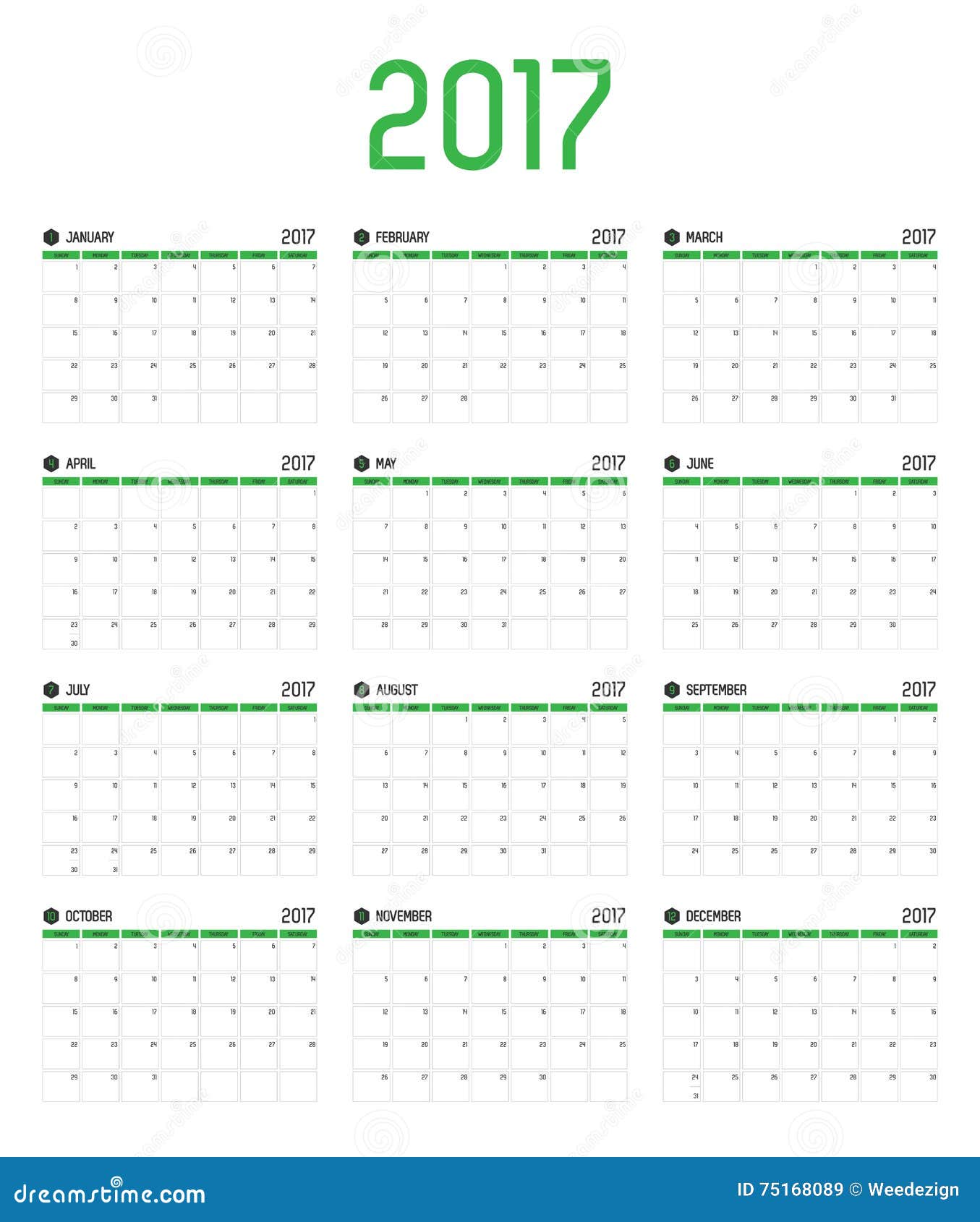 Vector Of Calendar 17 New Year 12 Month Calendar Set With Gre Stock Vector Illustration Of Schedule Number