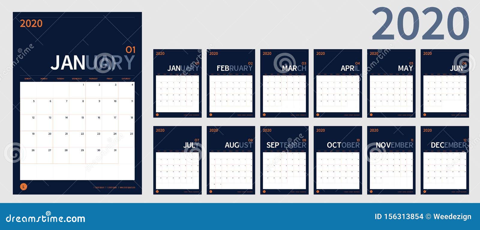  calendar 2020 new year planner set 12 month in clean minimal table simple  style and navy blue color,vertical holiday