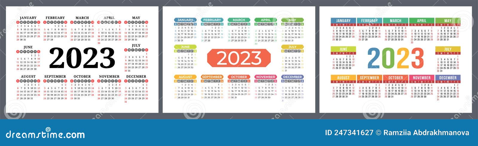 Vector Calendar 2023 Set Landscape Design English Horizontal Wall Or