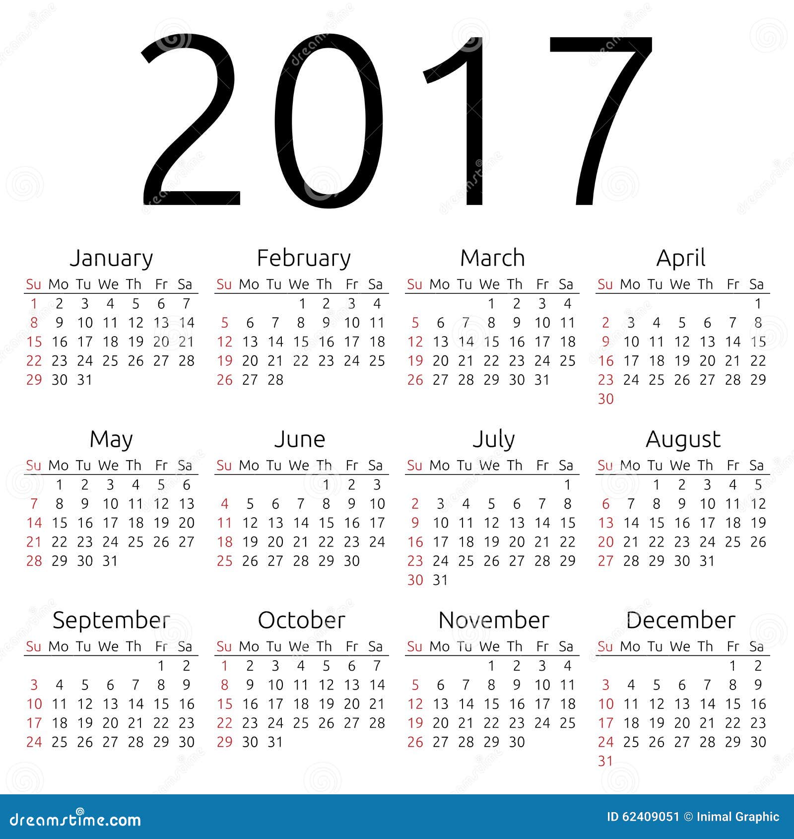 2017 design template calendar 2017 calendar, on starts 8 Sunday, year Simple EPS week vector.