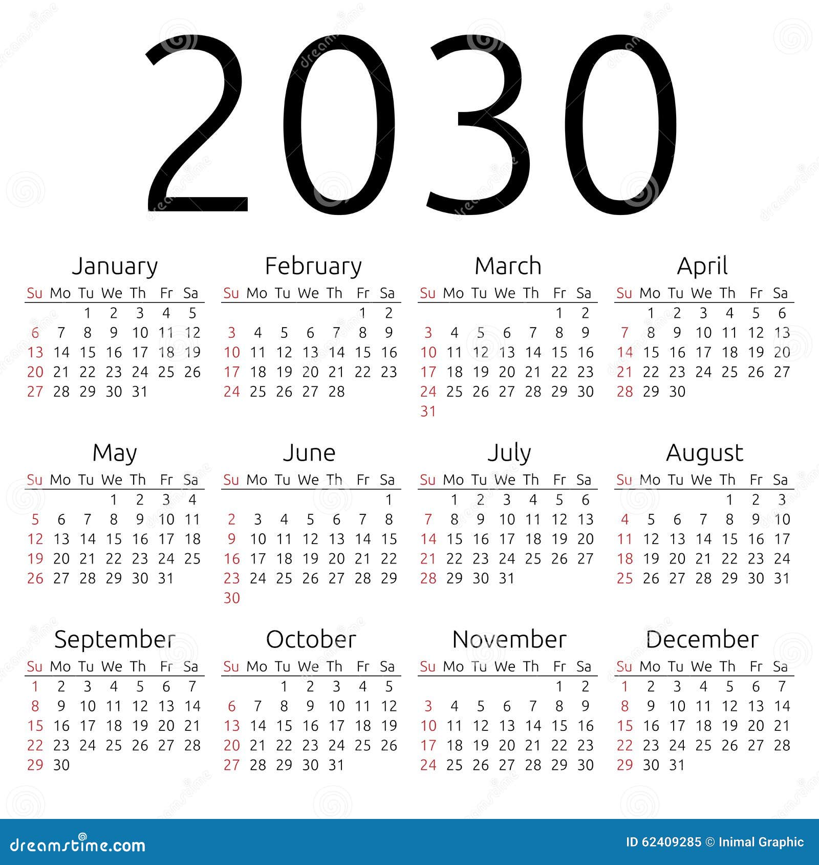 vector calendar sunday simple year week starts eps 62409285