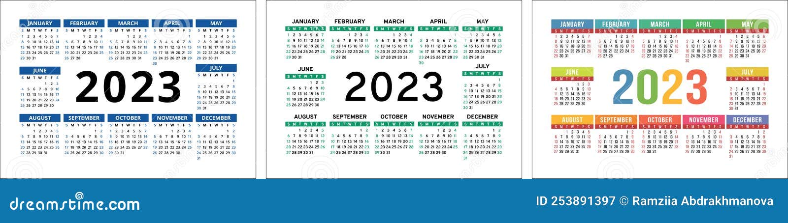 Vector Calendar 2023 Year Set Landscape Design English Horizontal