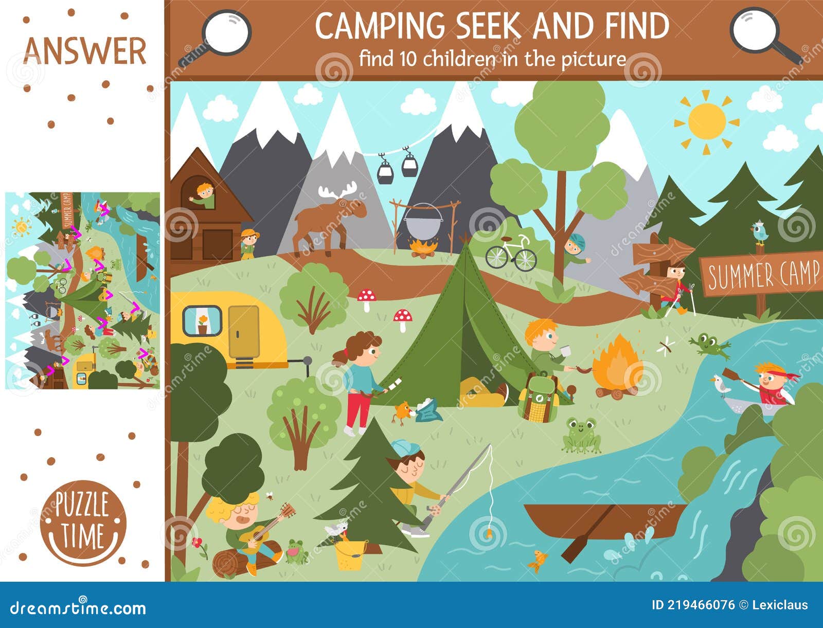  camping searching game with cute children in the forest. spot hidden kids in the picture. simple seek and find summer camp