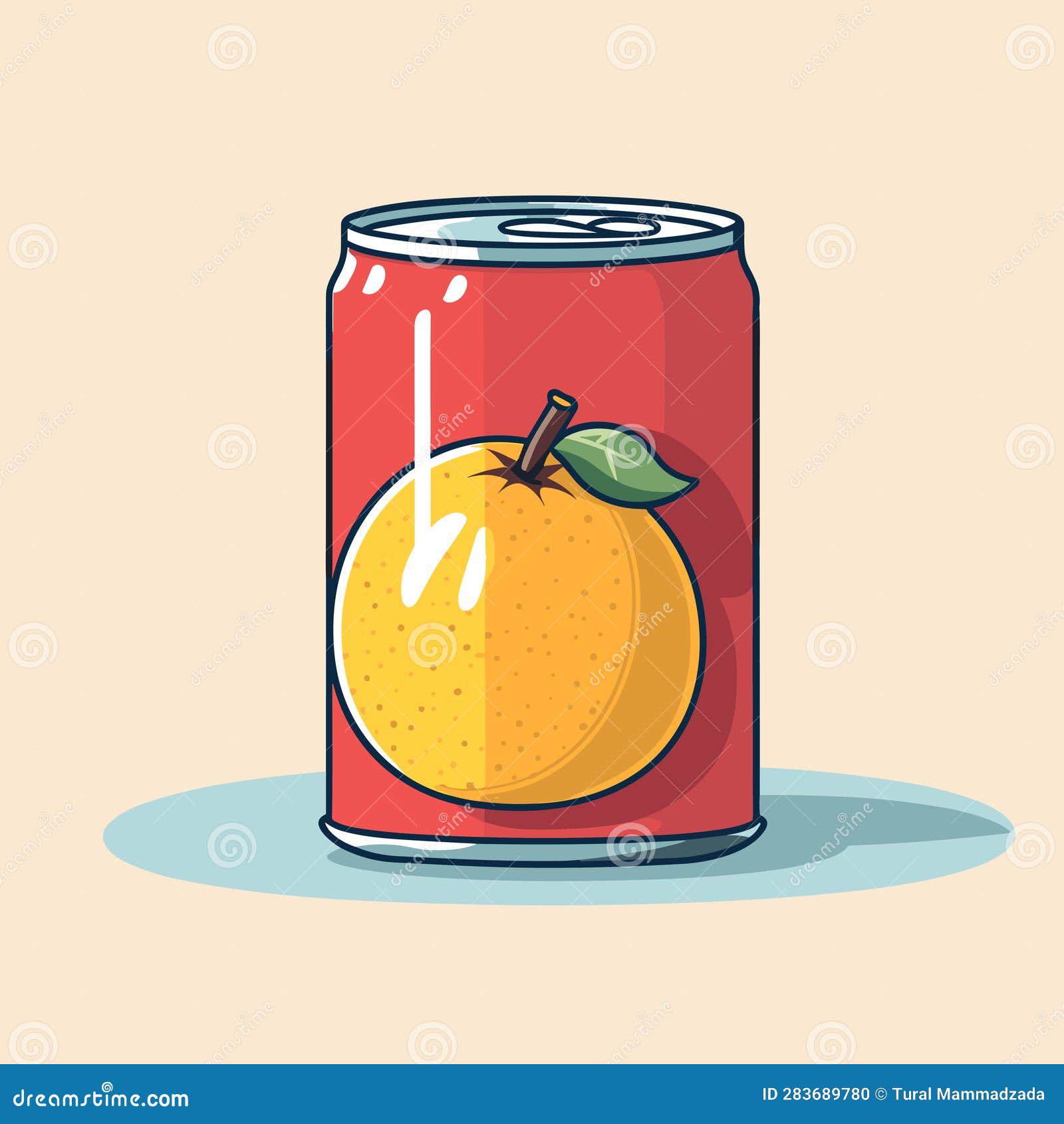 Vector of a Can of Orange Juice with a Green Leaf on Top, in a Simple