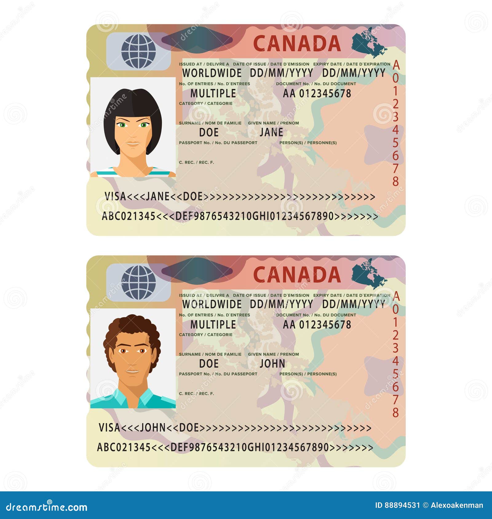  canada international passport visa sticker template in flat style