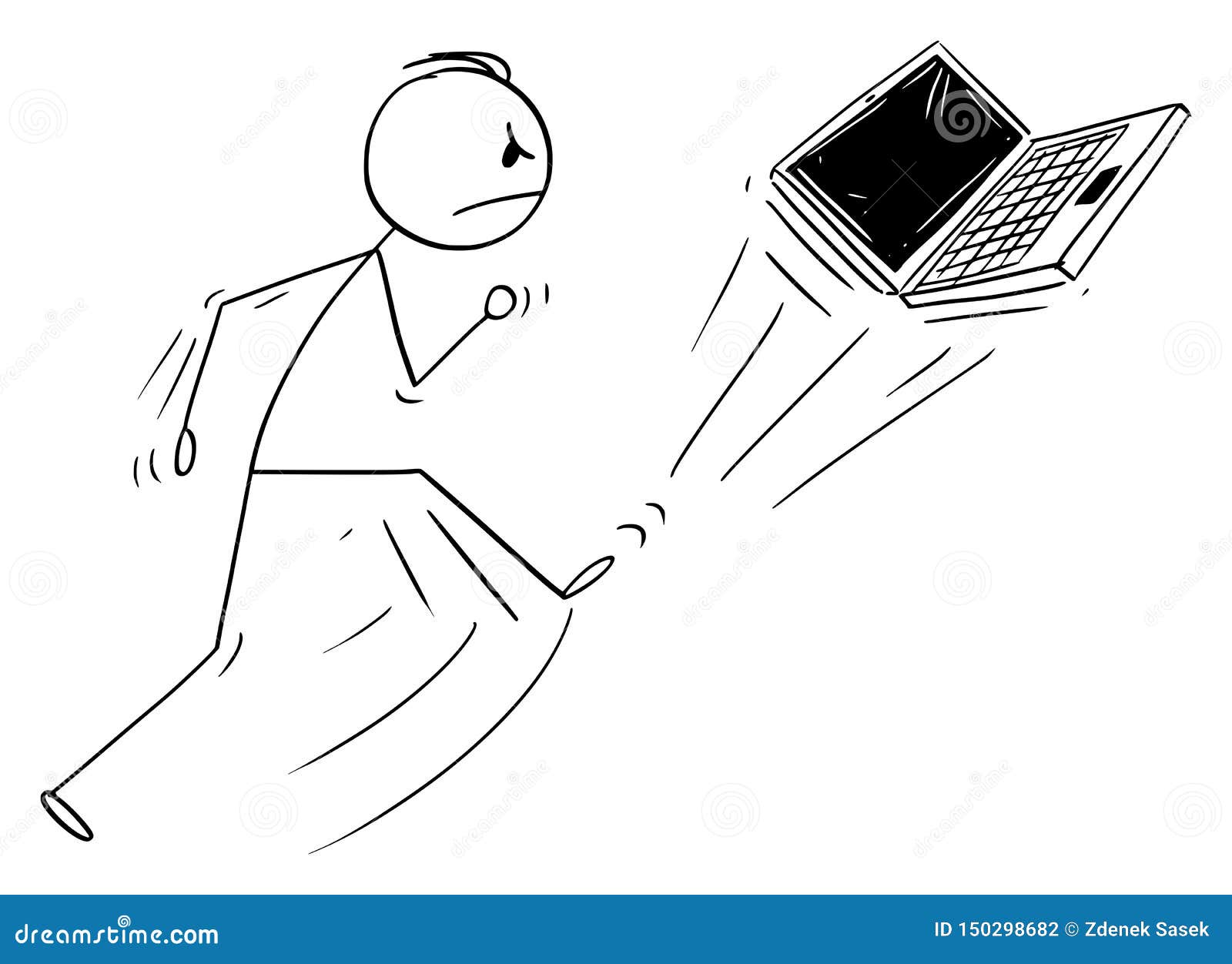  cartoon of angry man kicking out the portable computer notebook or laptop