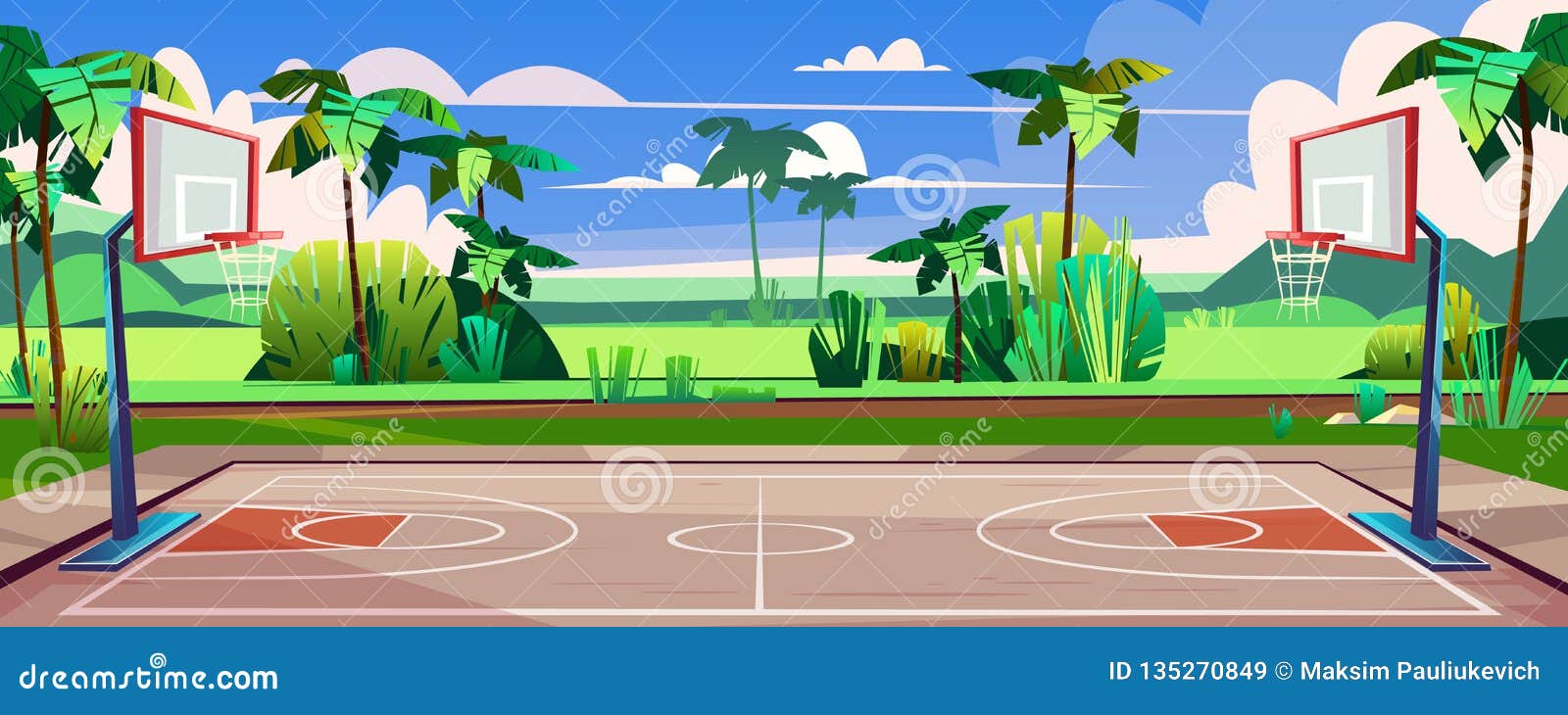 Vector Street Basketball Court with Green Palms Stock Vector