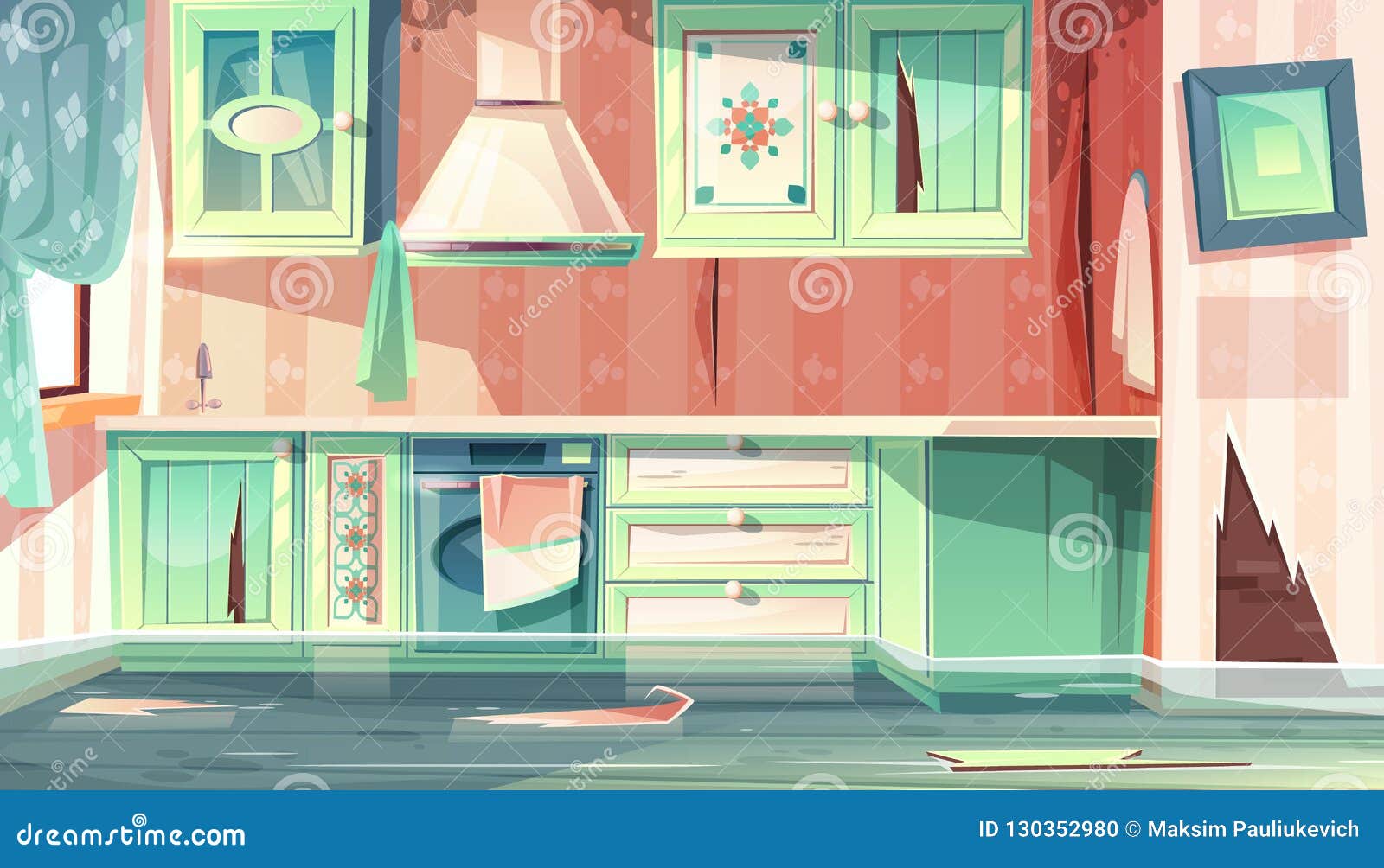 Vector Flood in Dirty Kitchen, Provence Room Stock Vector - Illustration of  messy, backdrop: 130352980