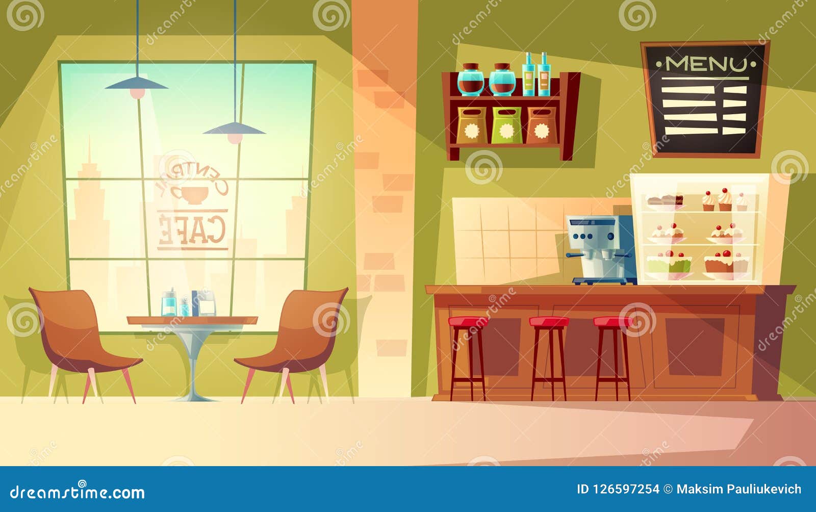  cartoon cafe background, cafeteria interior, furniture