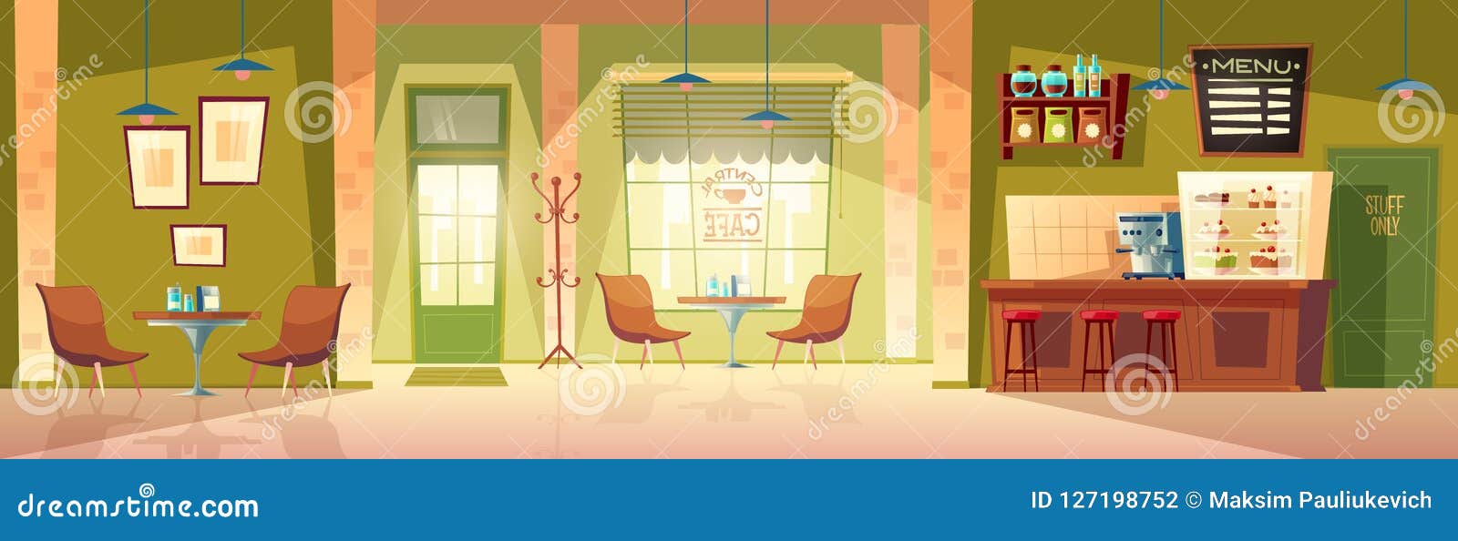  cartoon cafe background, cafeteria interior, room