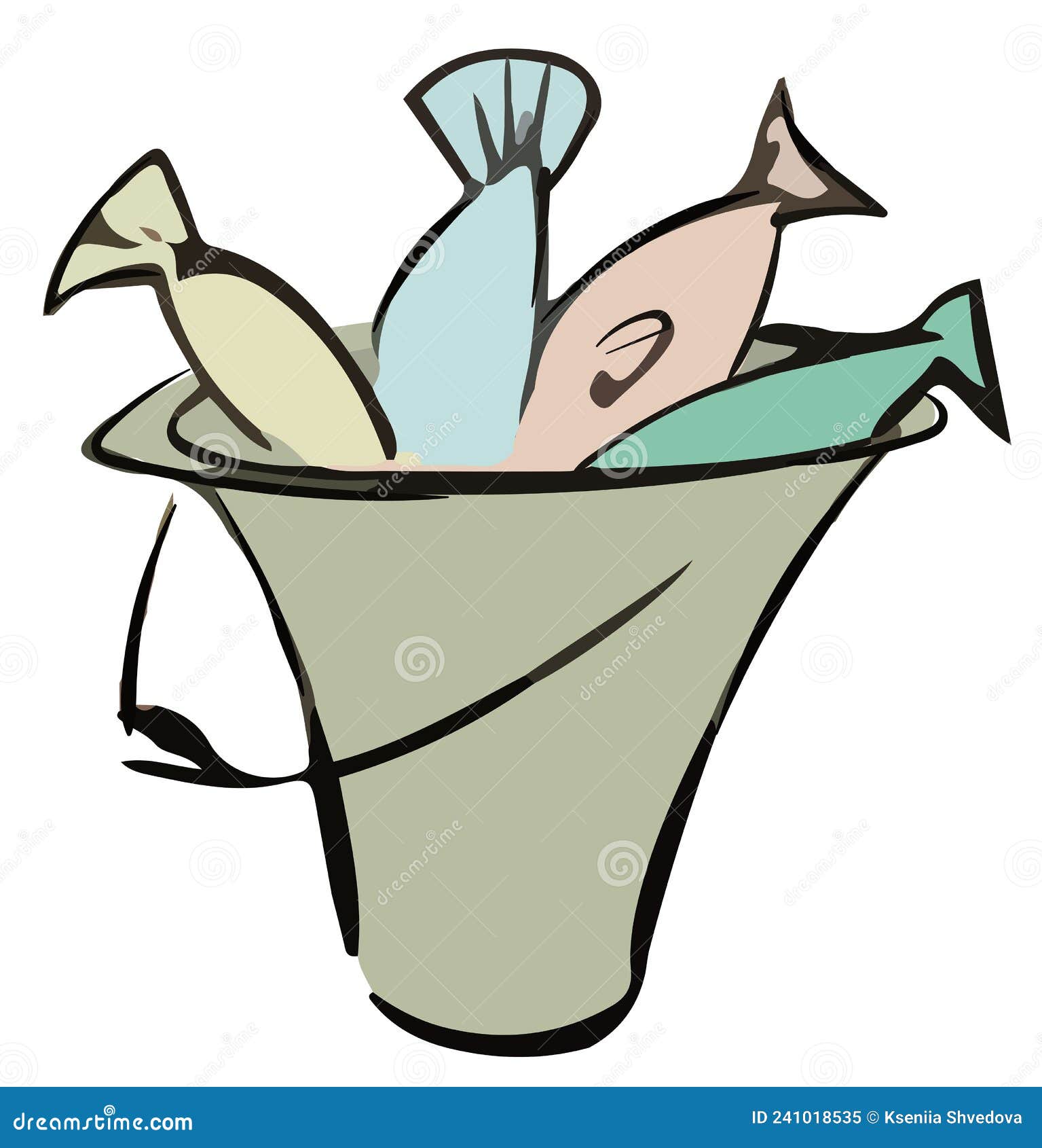 Vector Cartoon Clipart Fish in a Bucket. Fish Tails in a Bucket