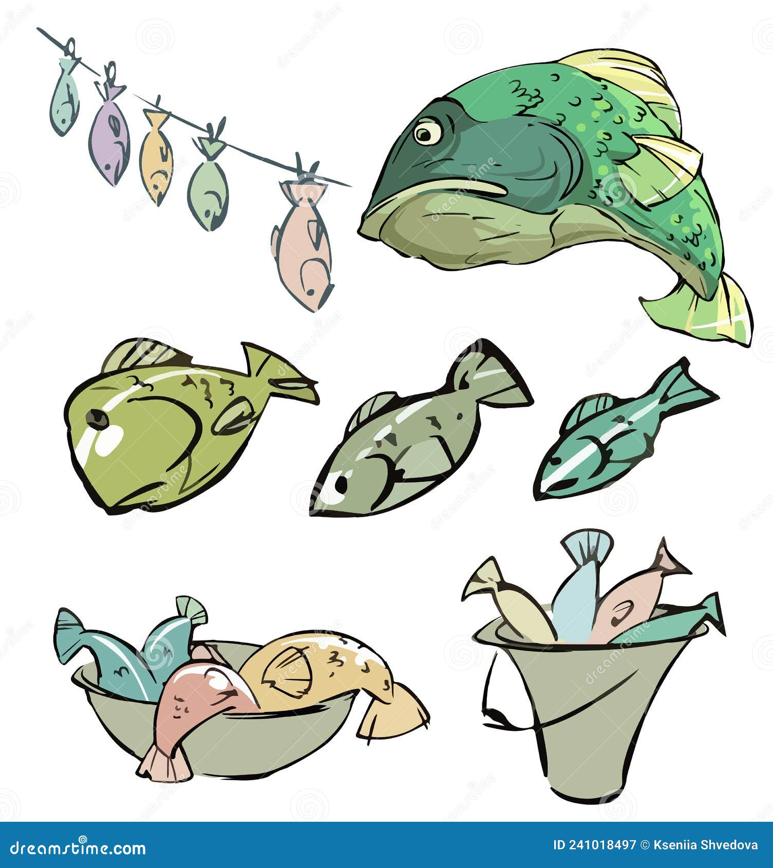 Vector Cartoon Clipart Set of Fish. Illustration of Various Fish