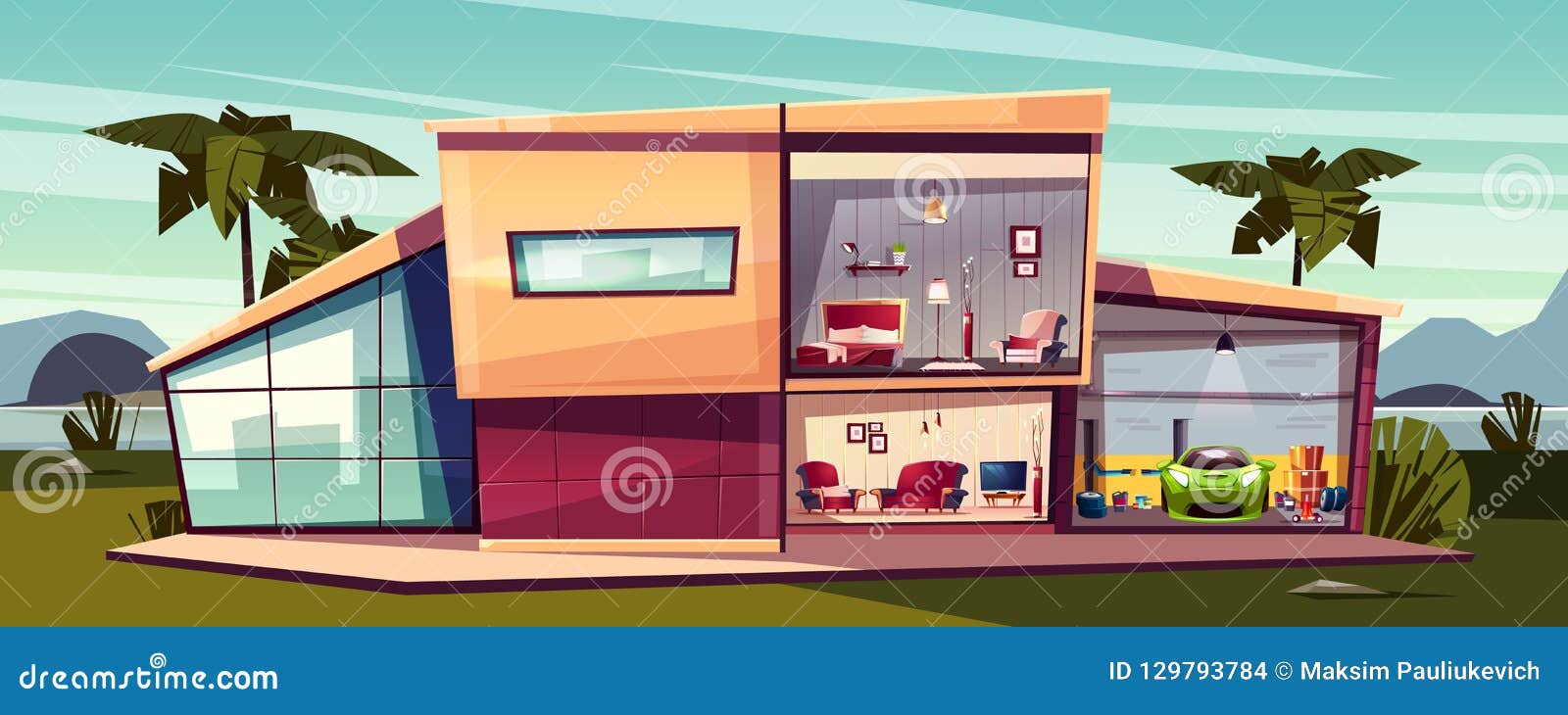  cartoon cottage, detached house cross section