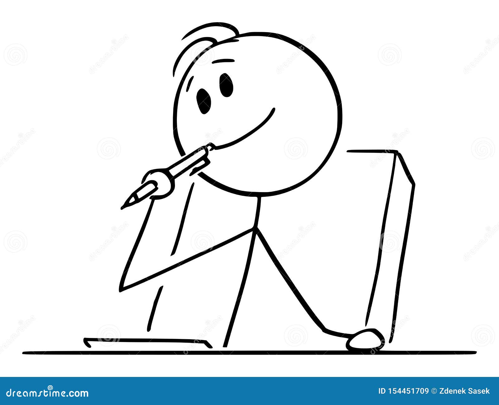  cartoon of creative man or businessman or writer thinking about something with ballpoint pen in mouth