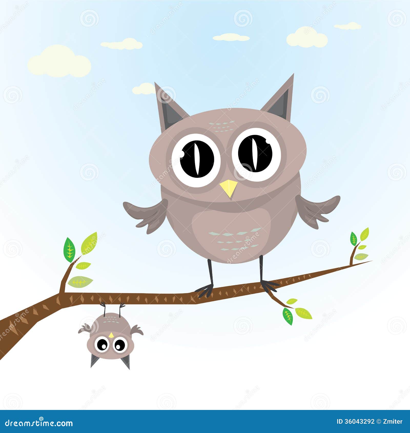 Vector Cartoon Cute Little Owl Bird On Tree Branch Stock Photography - Image: 36043292