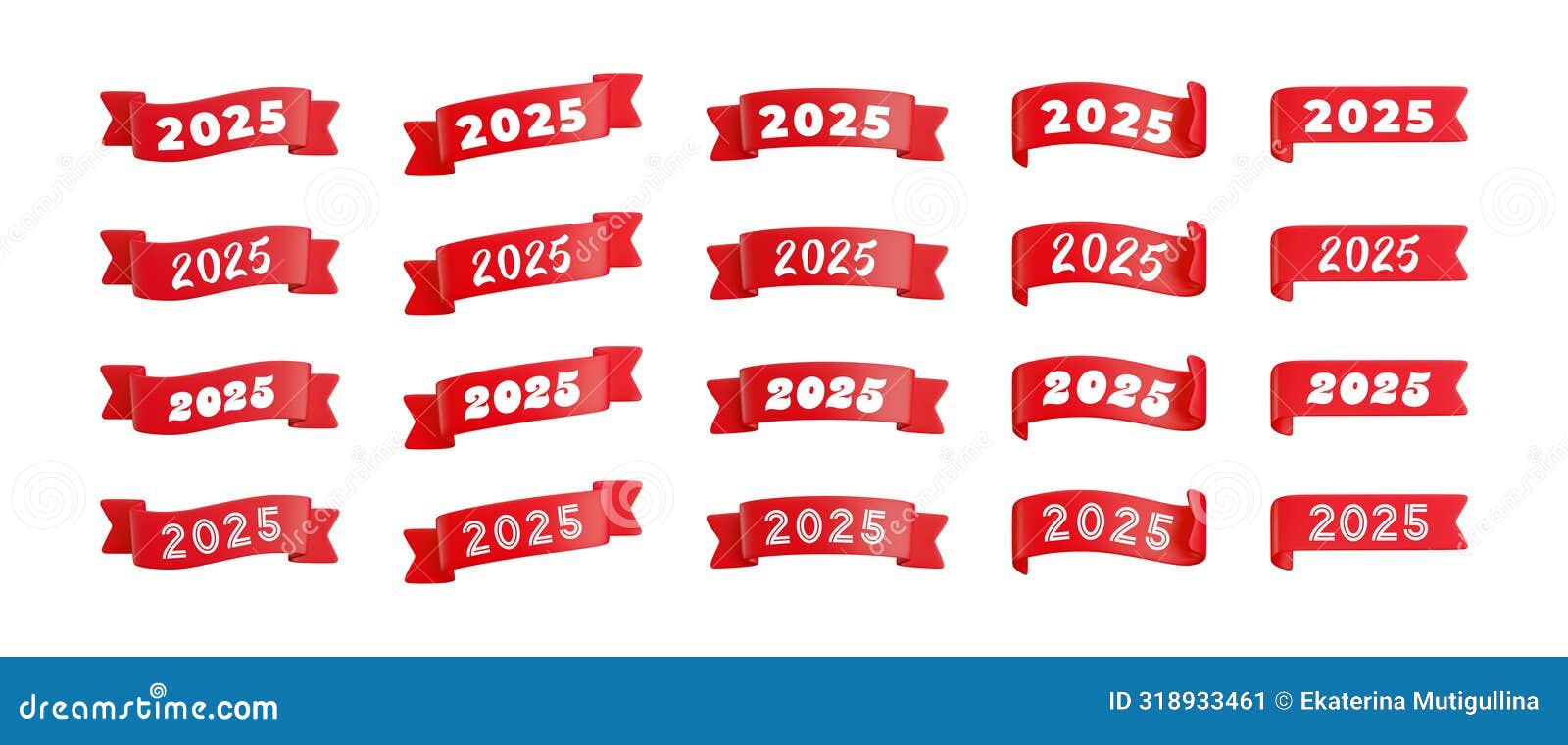 Vector Cartoon 3d Red Folded Ribbons Set with Numbers 2025, Realistic