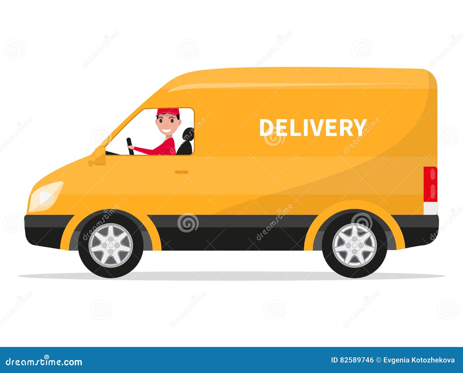 Vector Cartoon Delivery Van Truck With Deliveryman Stock 