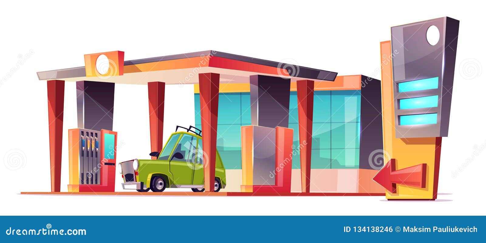 Vector Cartoon Gas Station with Green Car Stock Vector - Illustration of  industry, green: 134138246