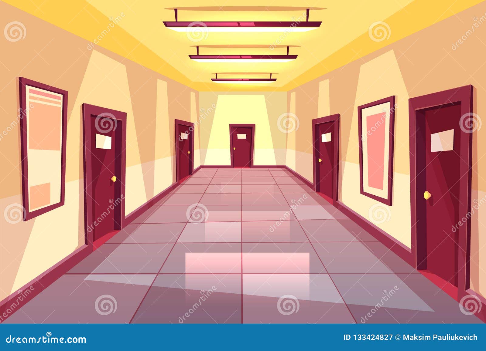  cartoon hallway, corridor with many doors