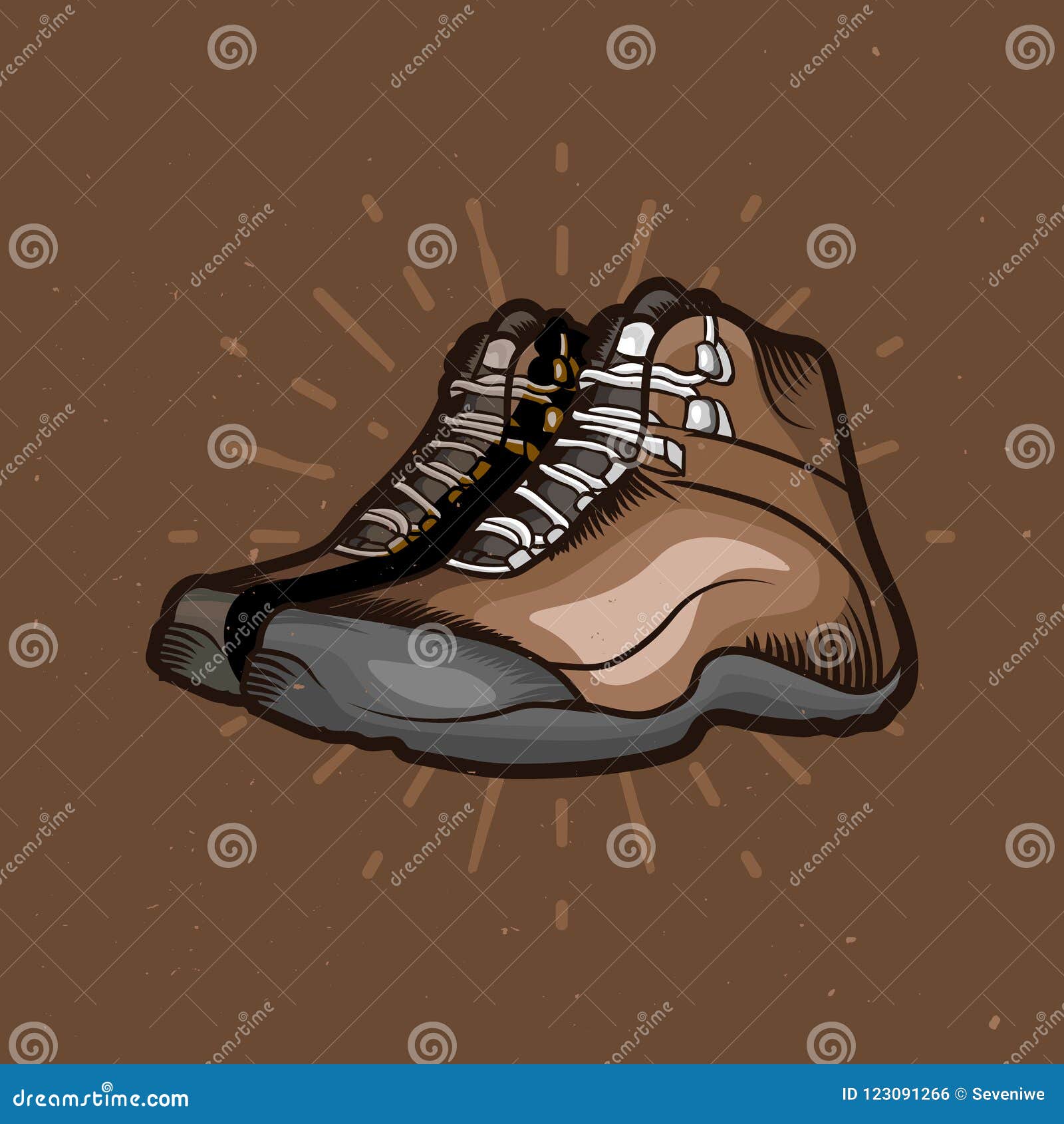 Vector Cartoon Hiking Shoes. Trekking Boots with Sunburst on the Background  Stock Vector - Illustration of navigation, mountaineering: 123091266