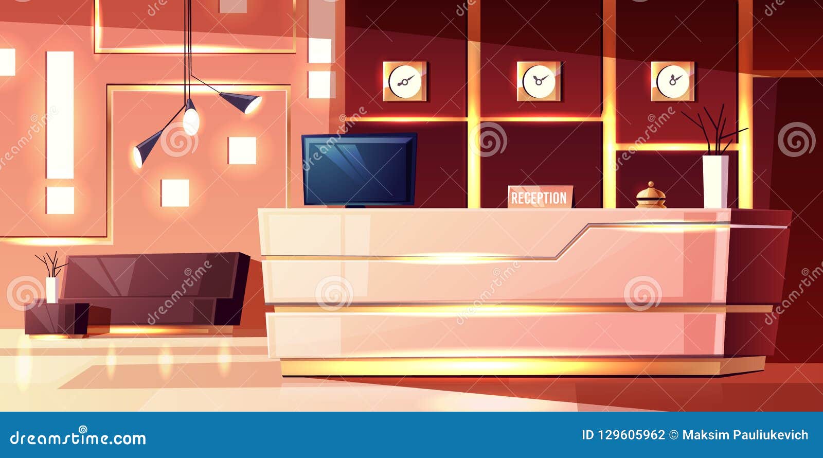 Vector Cartoon Hotel Reception. Lobby Of Inn. Stock Vector