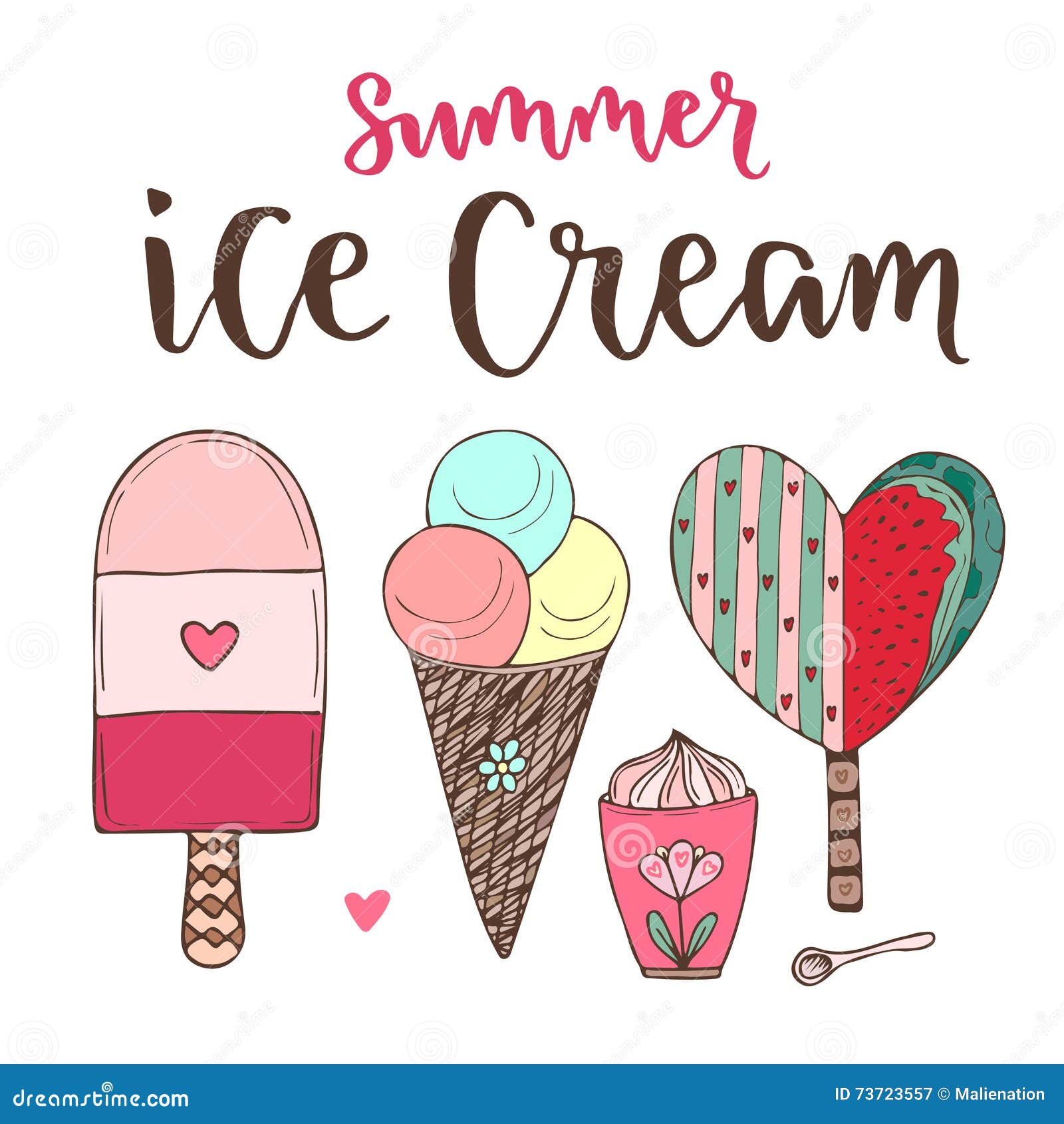 Vector Cartoon Ice Cream Set. Cones and Cute Icecream in Doodle Style ...