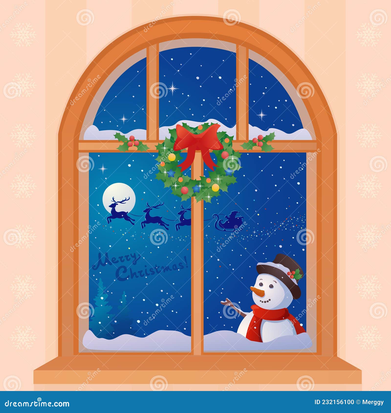 Christmas Window with Greeting Snowman Stock Vector - Illustration of  scene, interior: 232156100