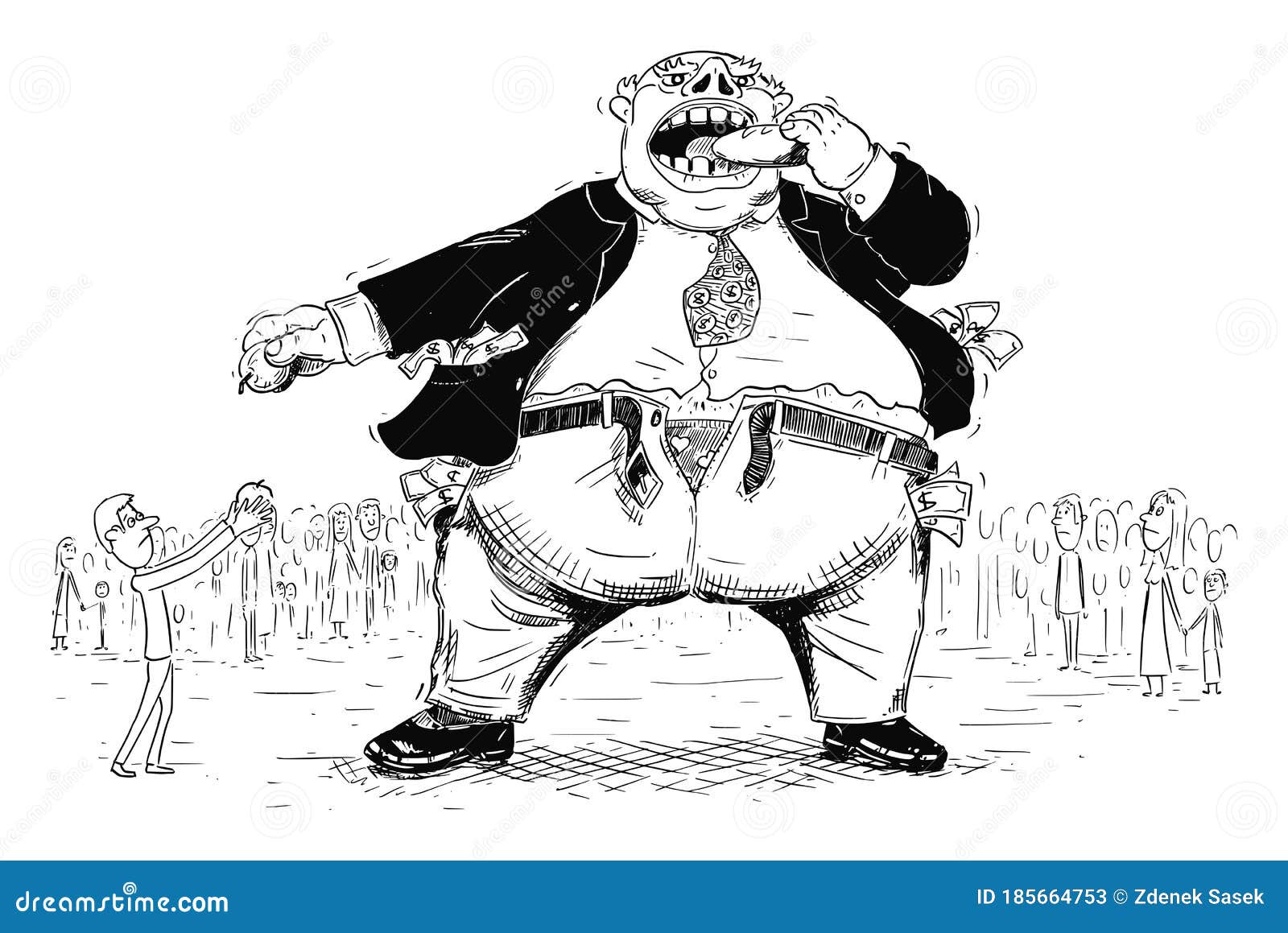  cartoon  of fat rich man, businessman or capitalist eating the food of small poor people around.