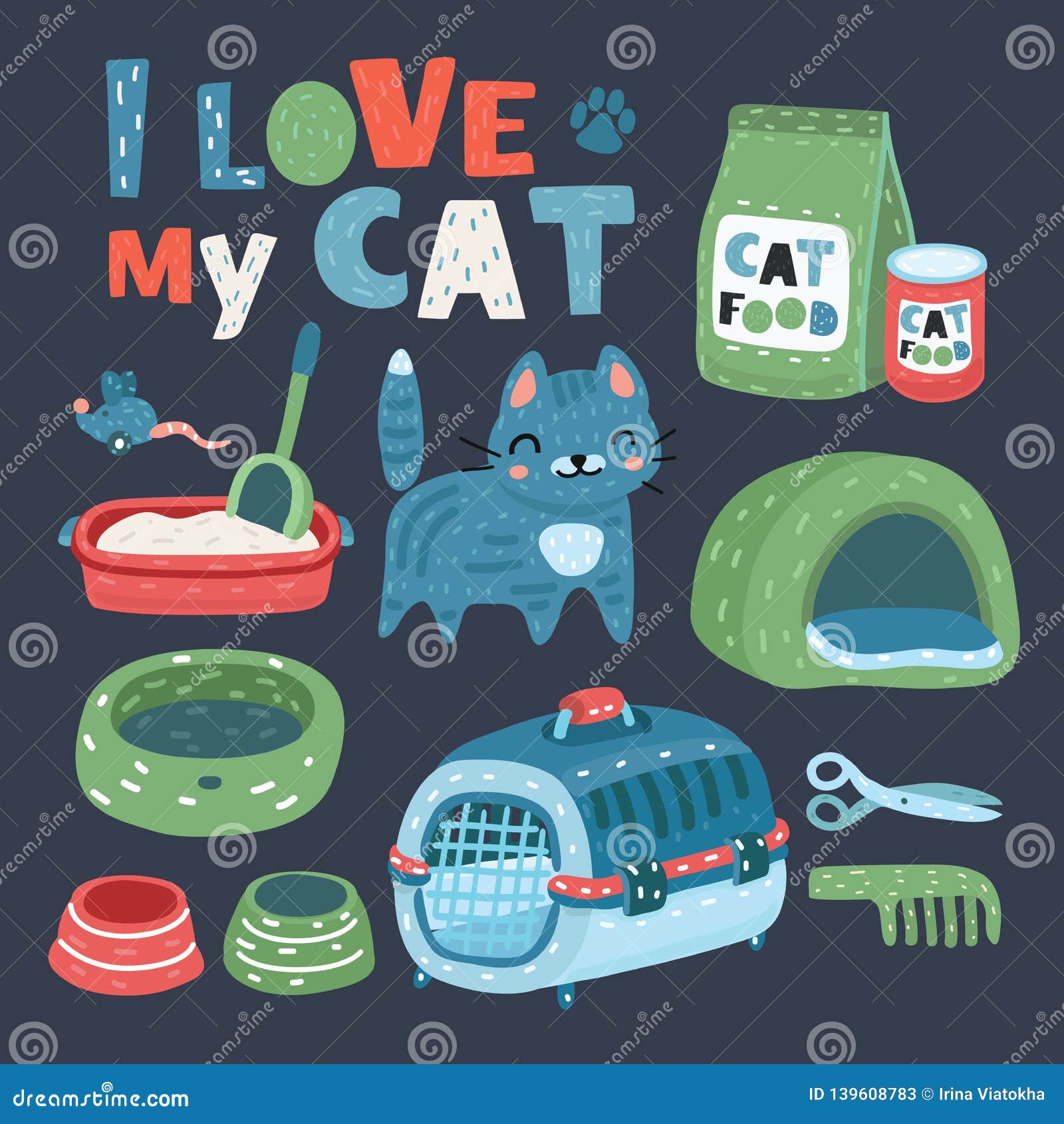 cat food, thing and toys.