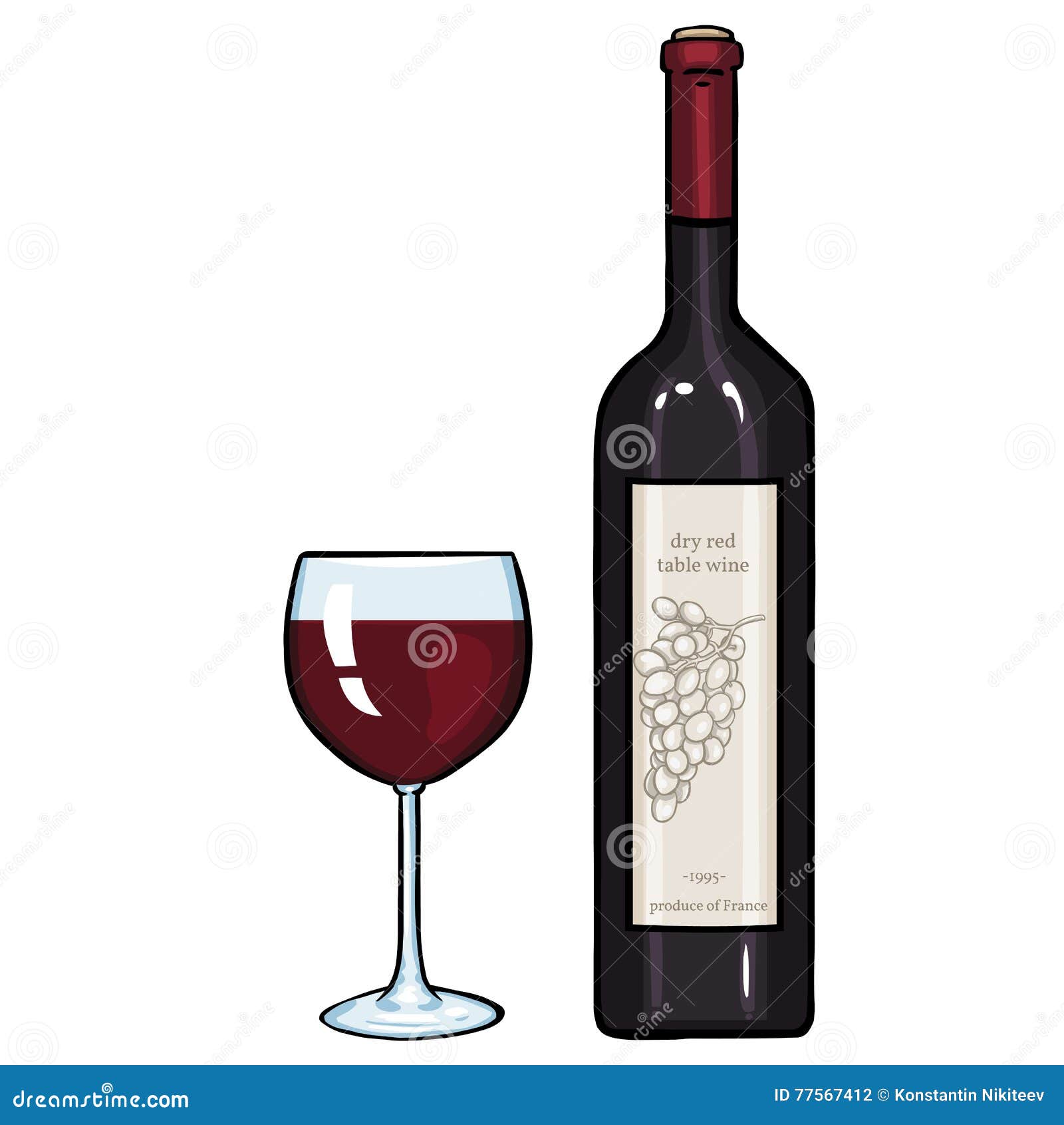 Vector Cartoon Illustration: Glass and Bottle of Red Wine Stock  Illustration - Illustration of isolated, decoration: 77567412