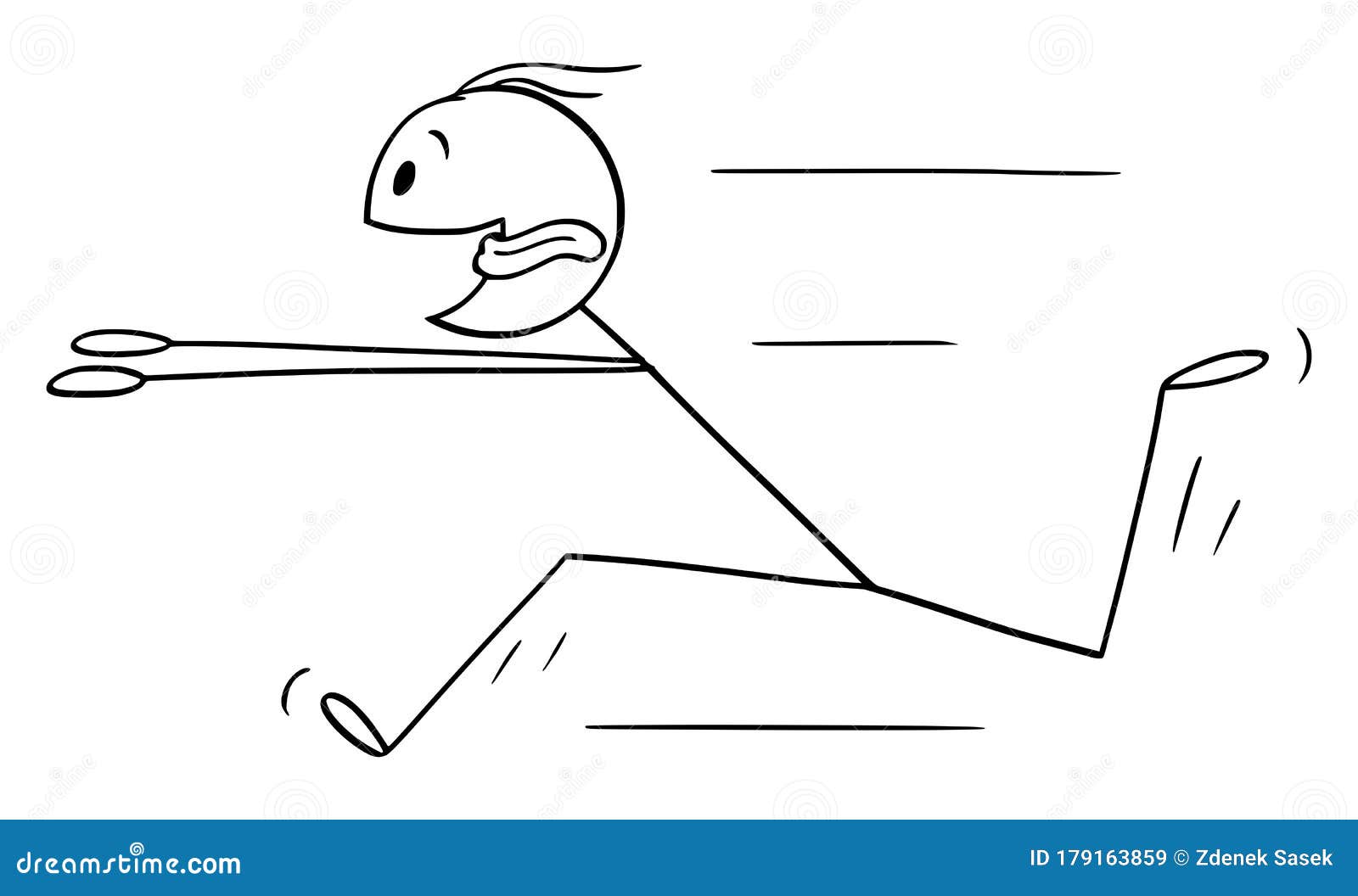  cartoon  of keen or eager man running fast for something with his tongue stick out and flying
