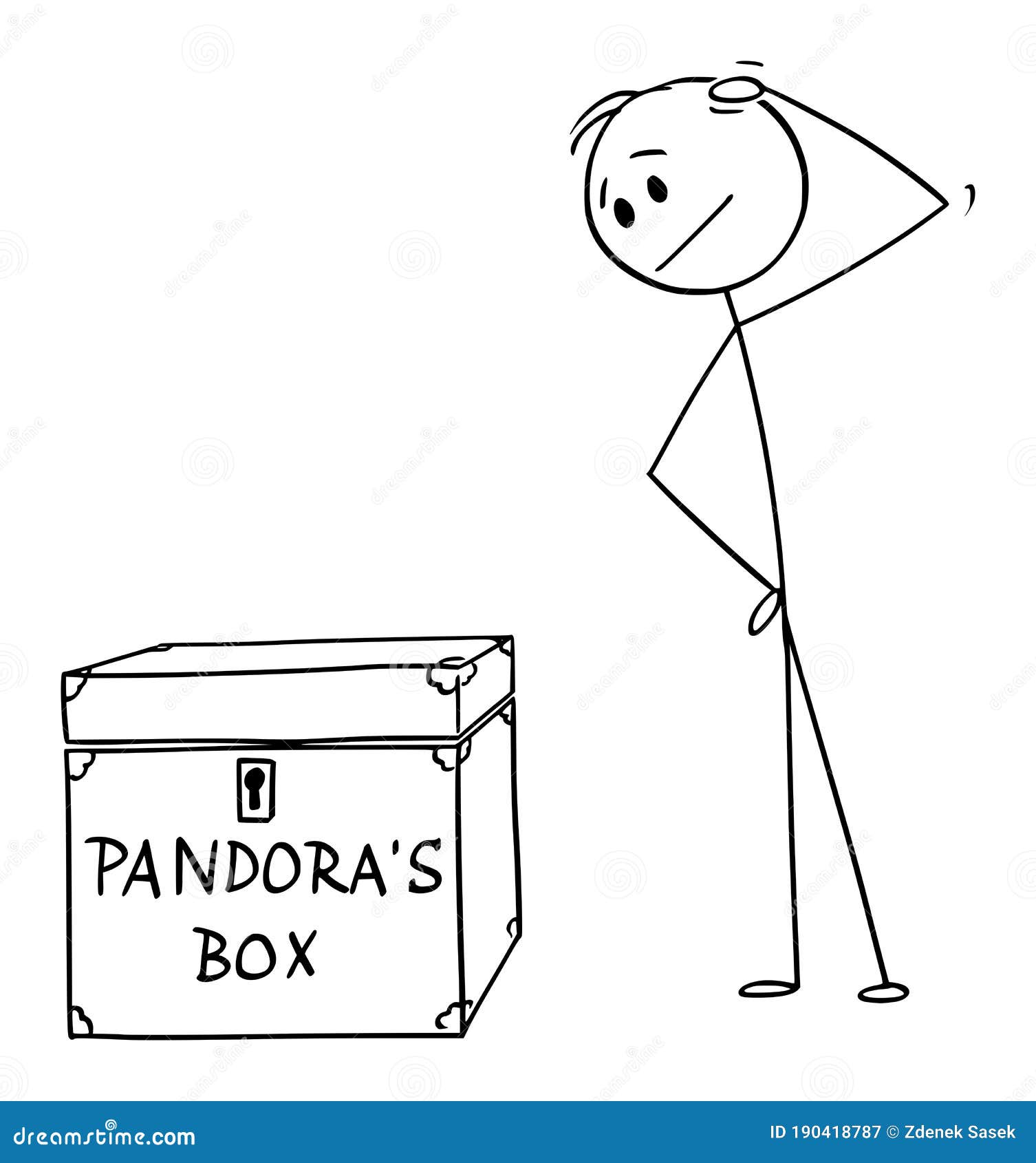  cartoon  of man or businessman thinking about risk and opportunity to open pandora`s box