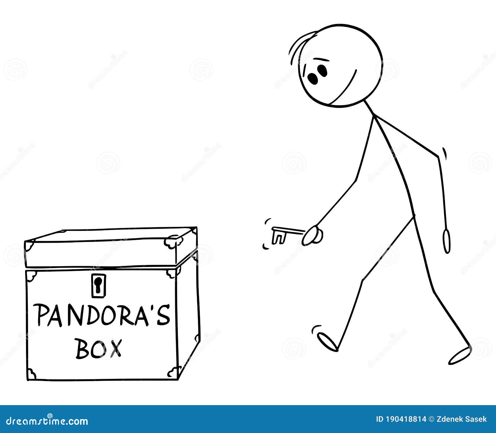  cartoon  of man or businessman walking with key to open pandora`s box