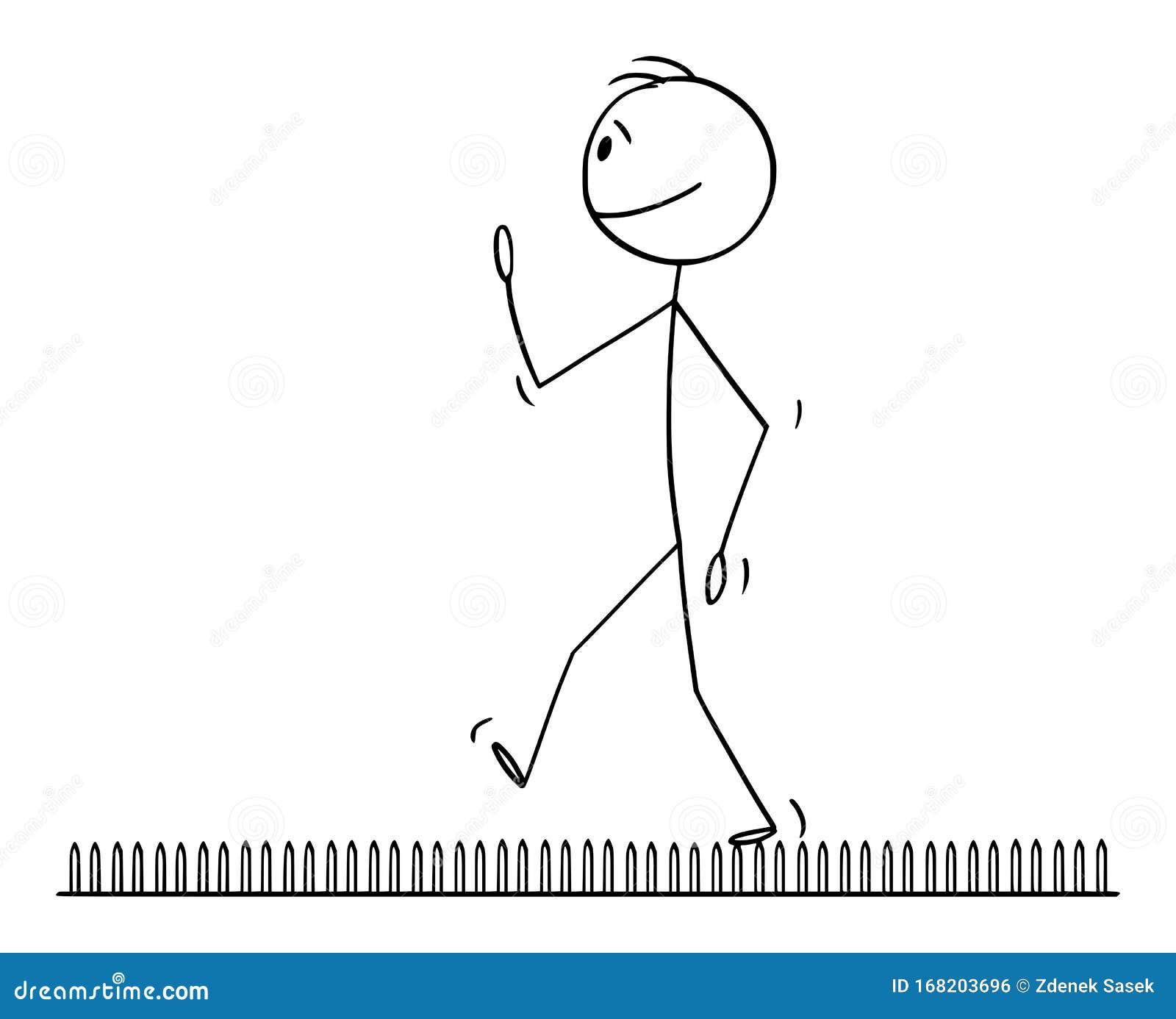  cartoon  of man or businessman walking on nails or fakir bed. concept of challenge, achievement and
