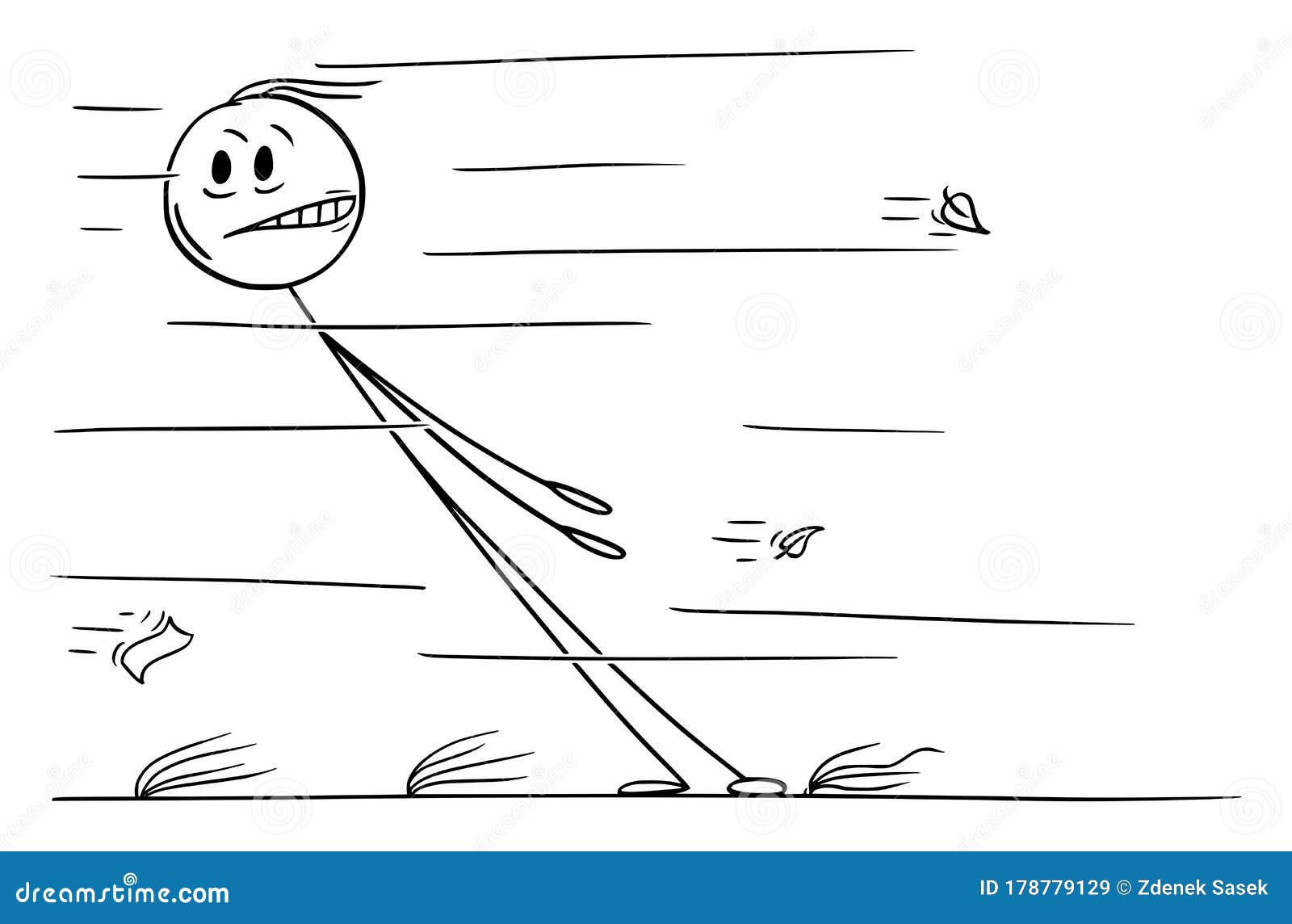  cartoon  of man facing strong wind blows