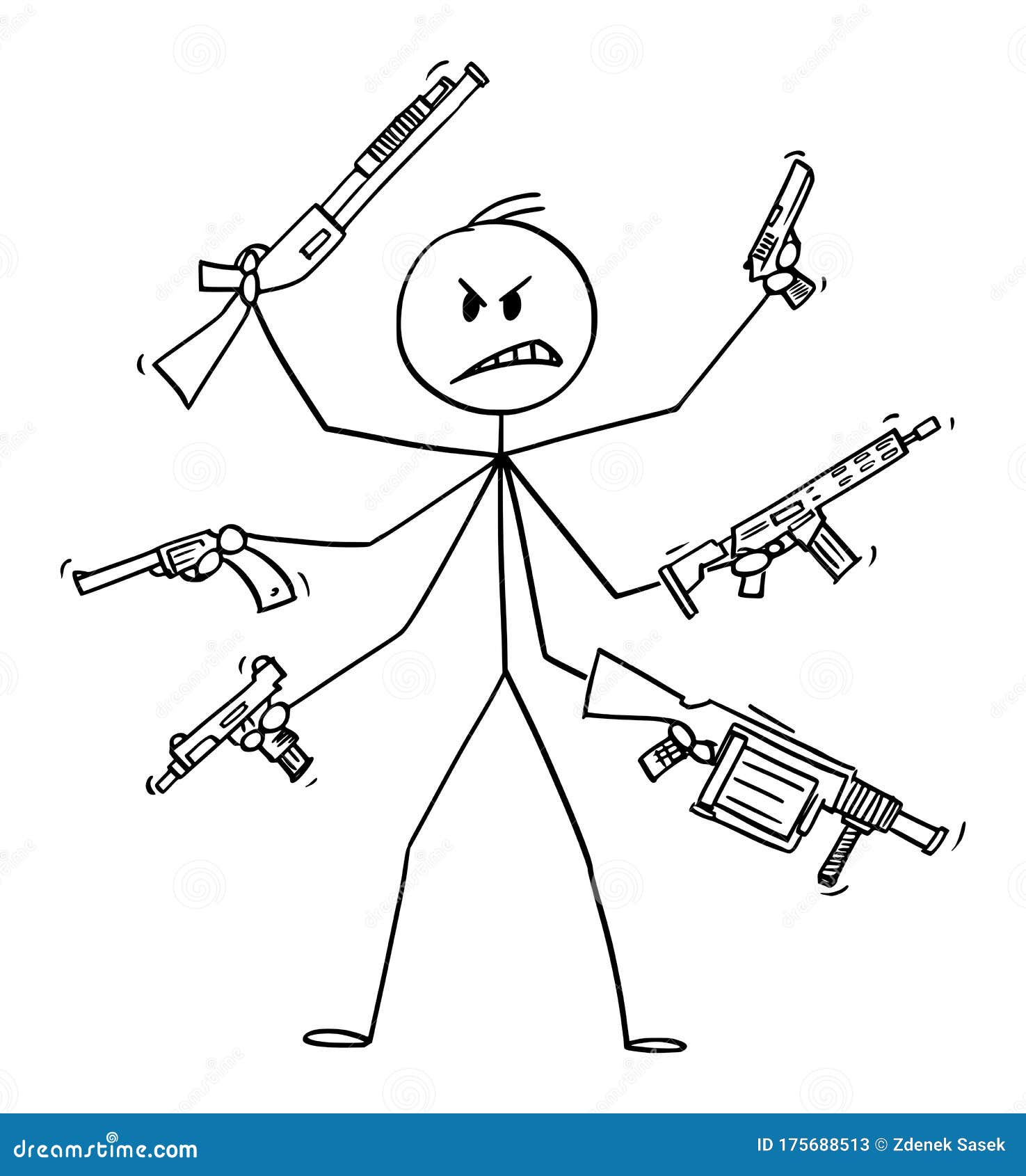 Cartoon stick man drawing conceptual illustration of soldier