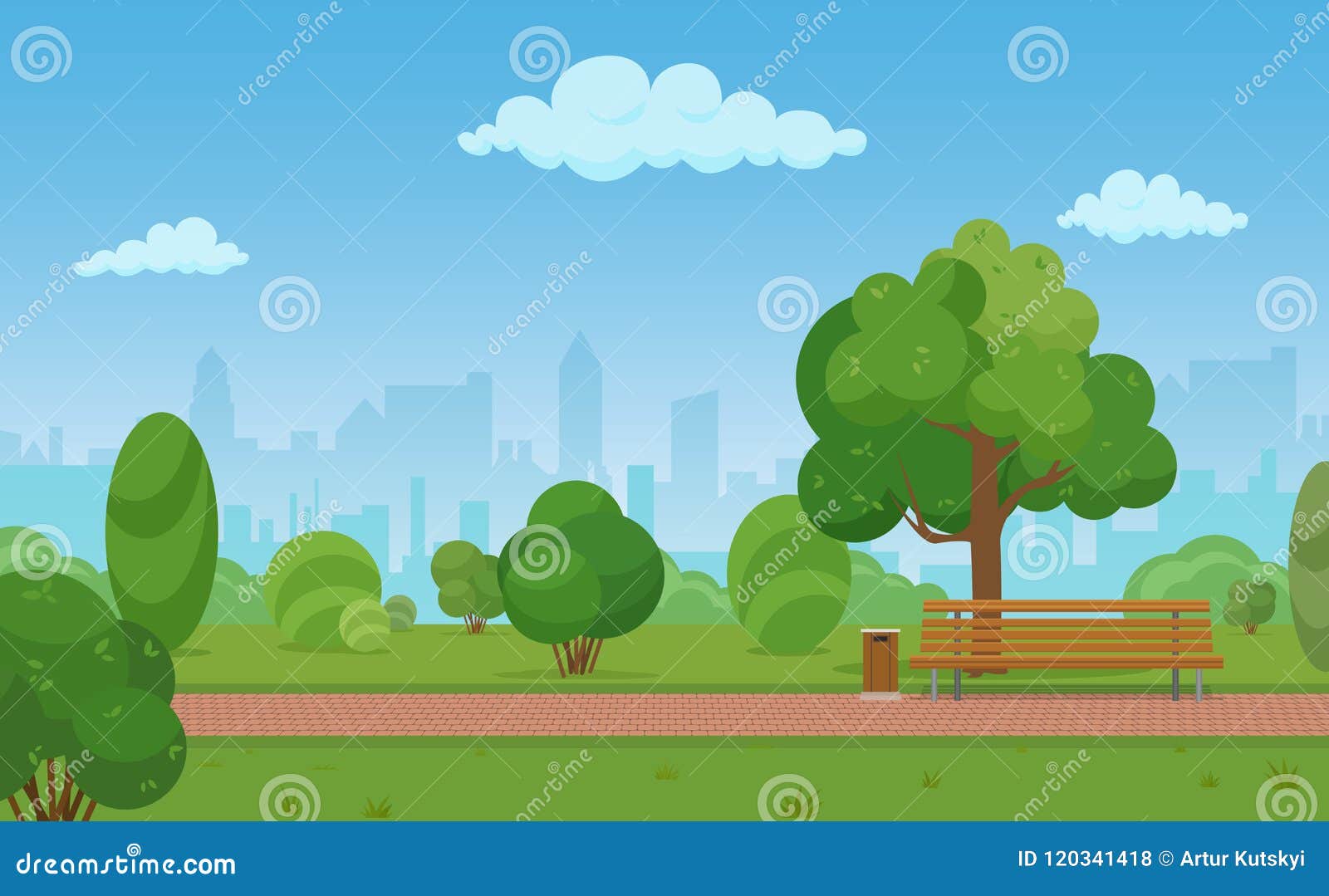 Vector Cartoon Illustration of a Modern Empty City Park with ...