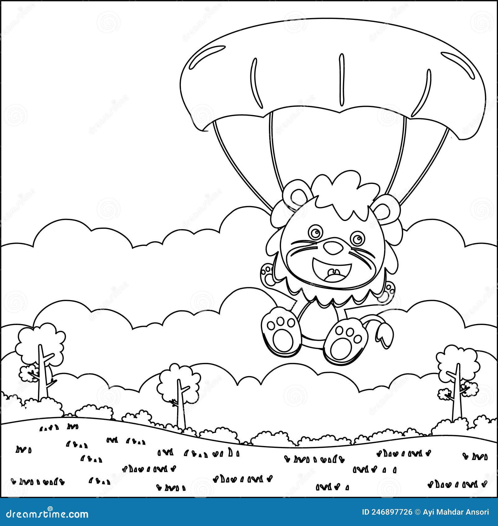  cartoon  of skydiving with litlle lion with cartoon style childish  for kids activity colouring book or