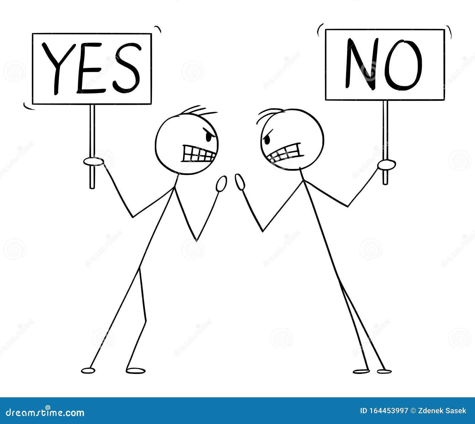  cartoon  of two angry men or businessmen in fight arguing or argument with yes and no signs in hands