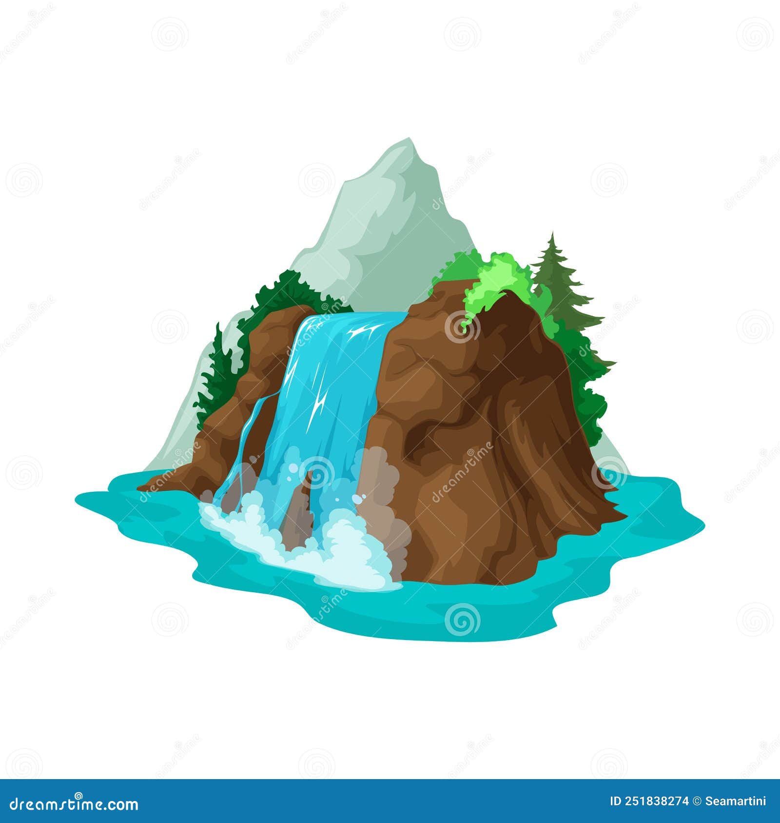 Mountain, Pine Tree, Game Asset. Cartoon Waterfall Stock Vector ...