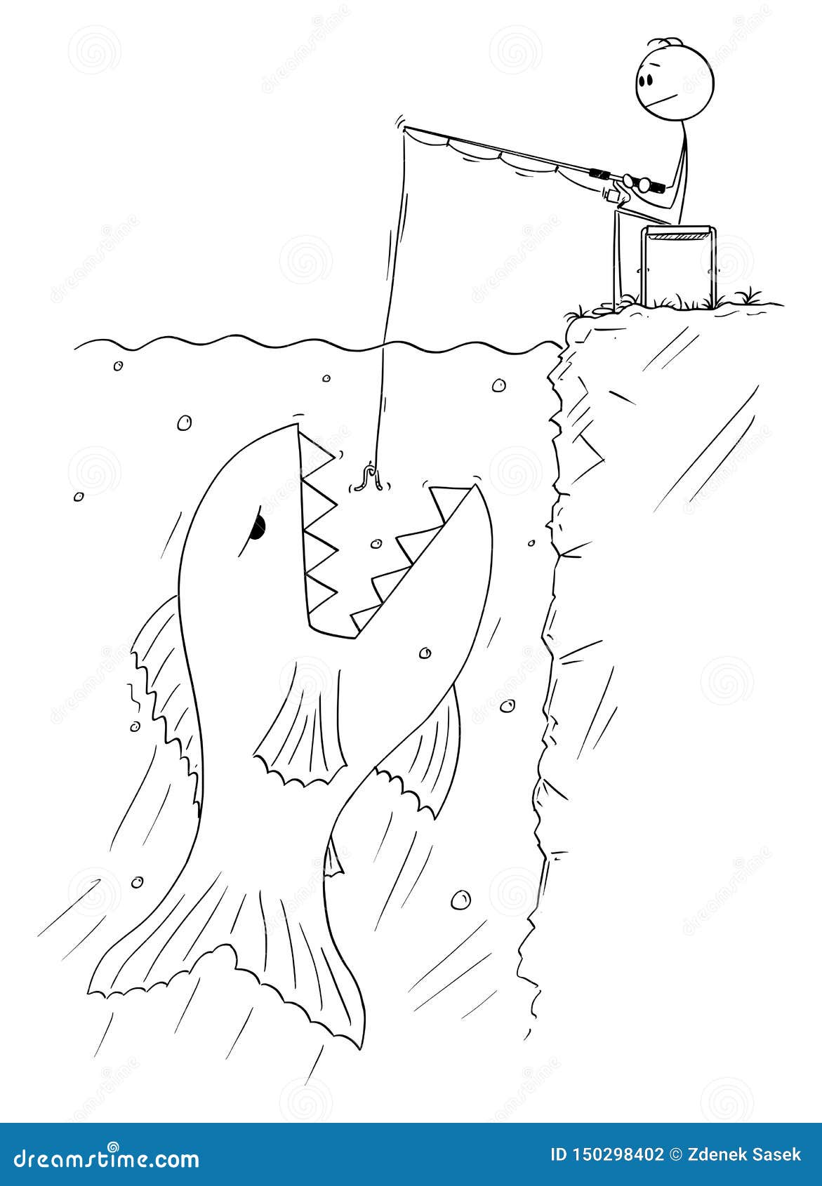  cartoon of man or fisherman sitting and angling or fishing while giant fish is floating to eat the bait