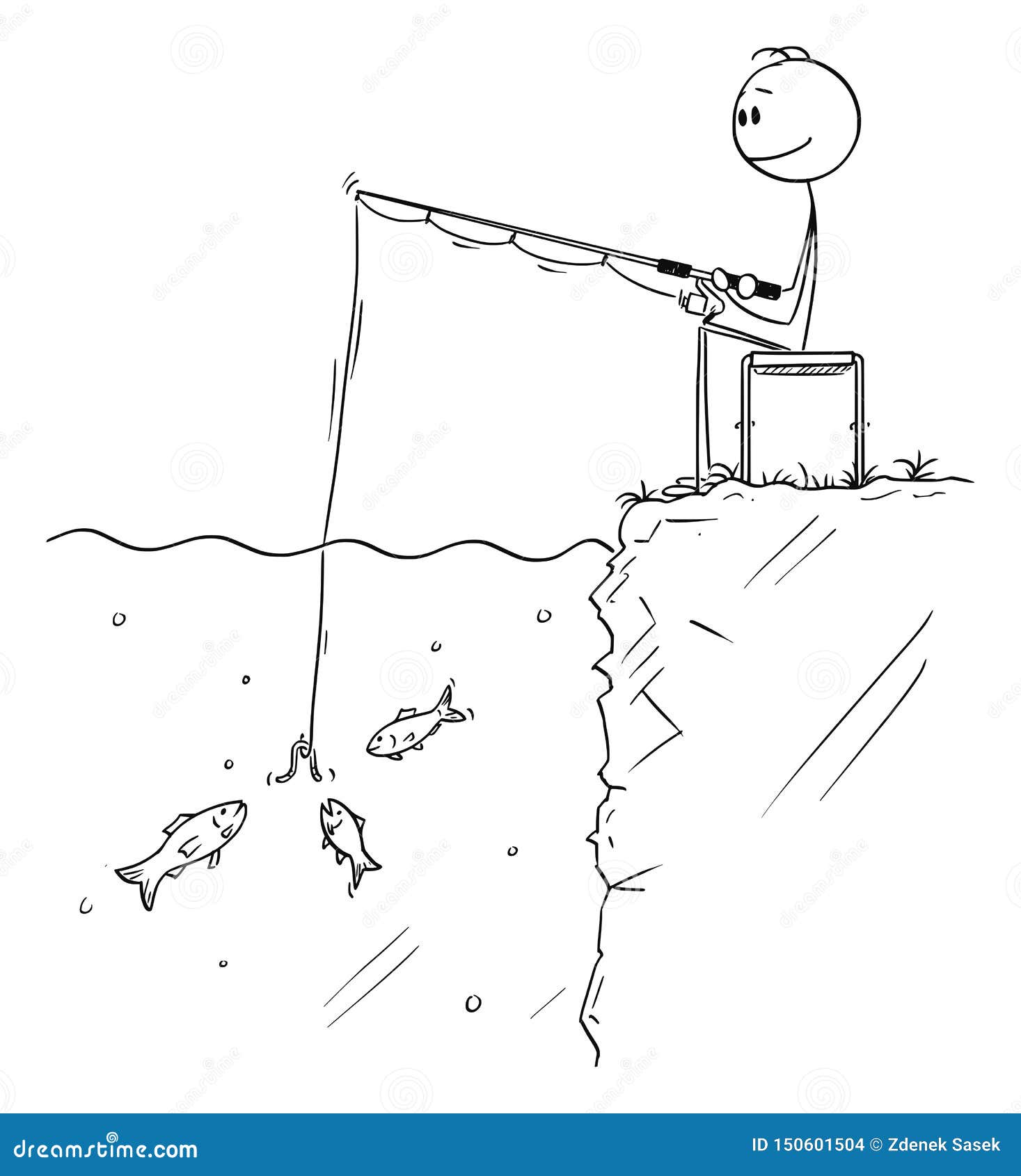  cartoon of man or fisherman sitting and angling or fishing while several small fish are looking at the bait
