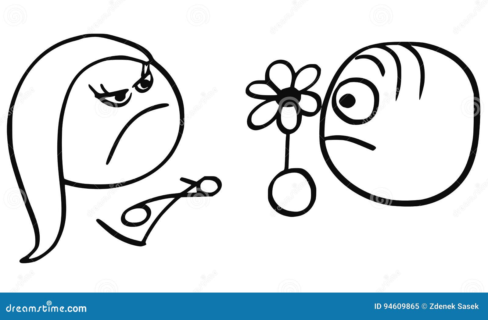 Vector Cartoon Of Man With Flower And Angry Woman On Date Stock Vector