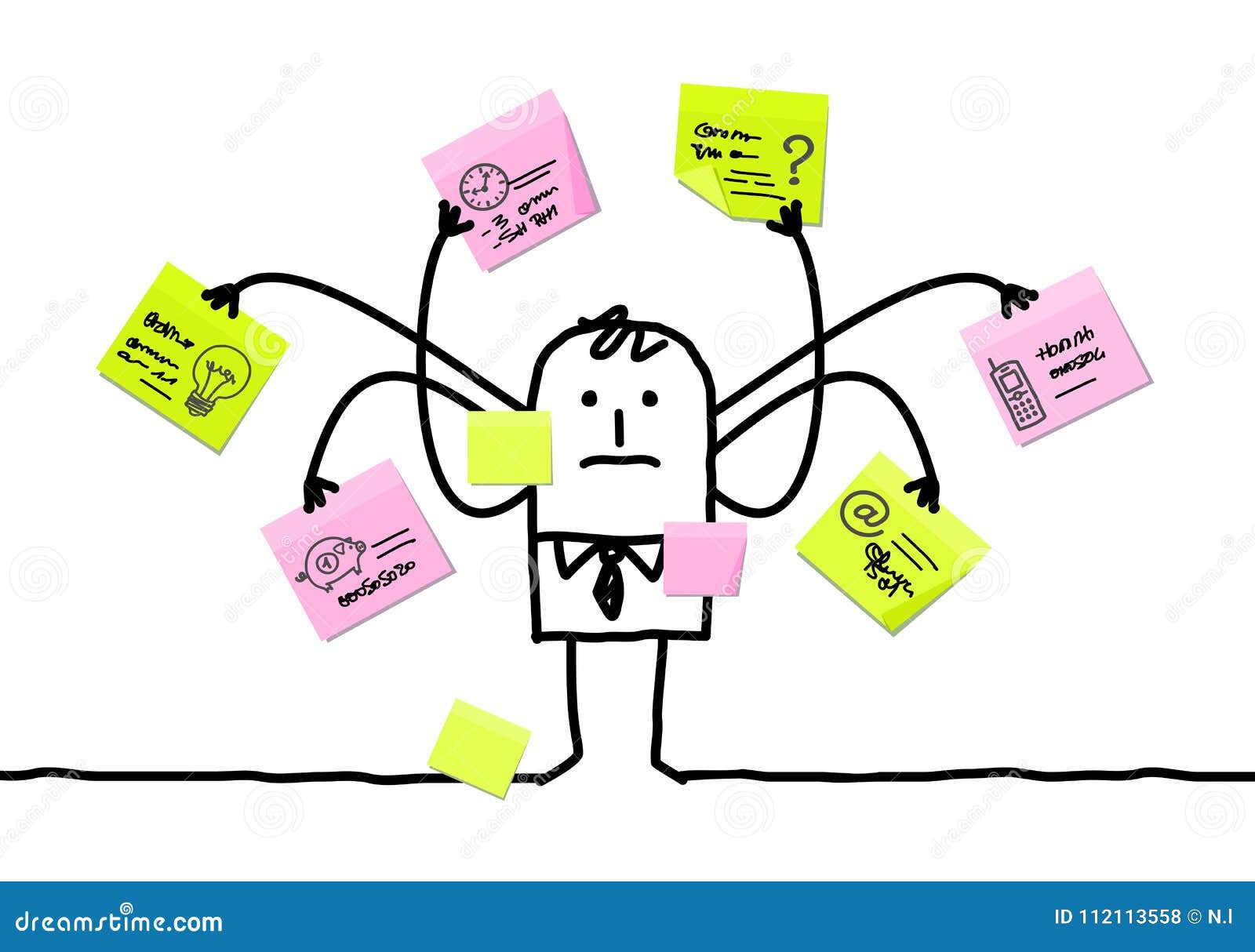 cartoon man multitasking with sticky notes