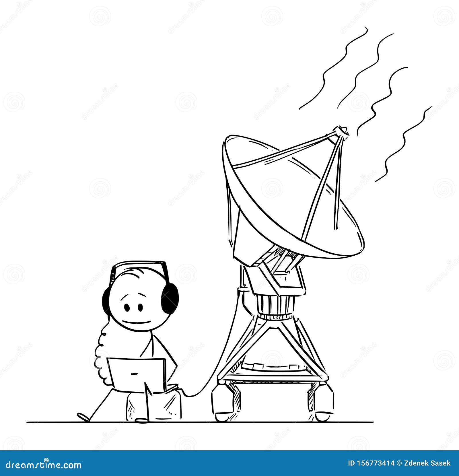  cartoon of man or scientist hearing the space alien signal from nasa seti antenna