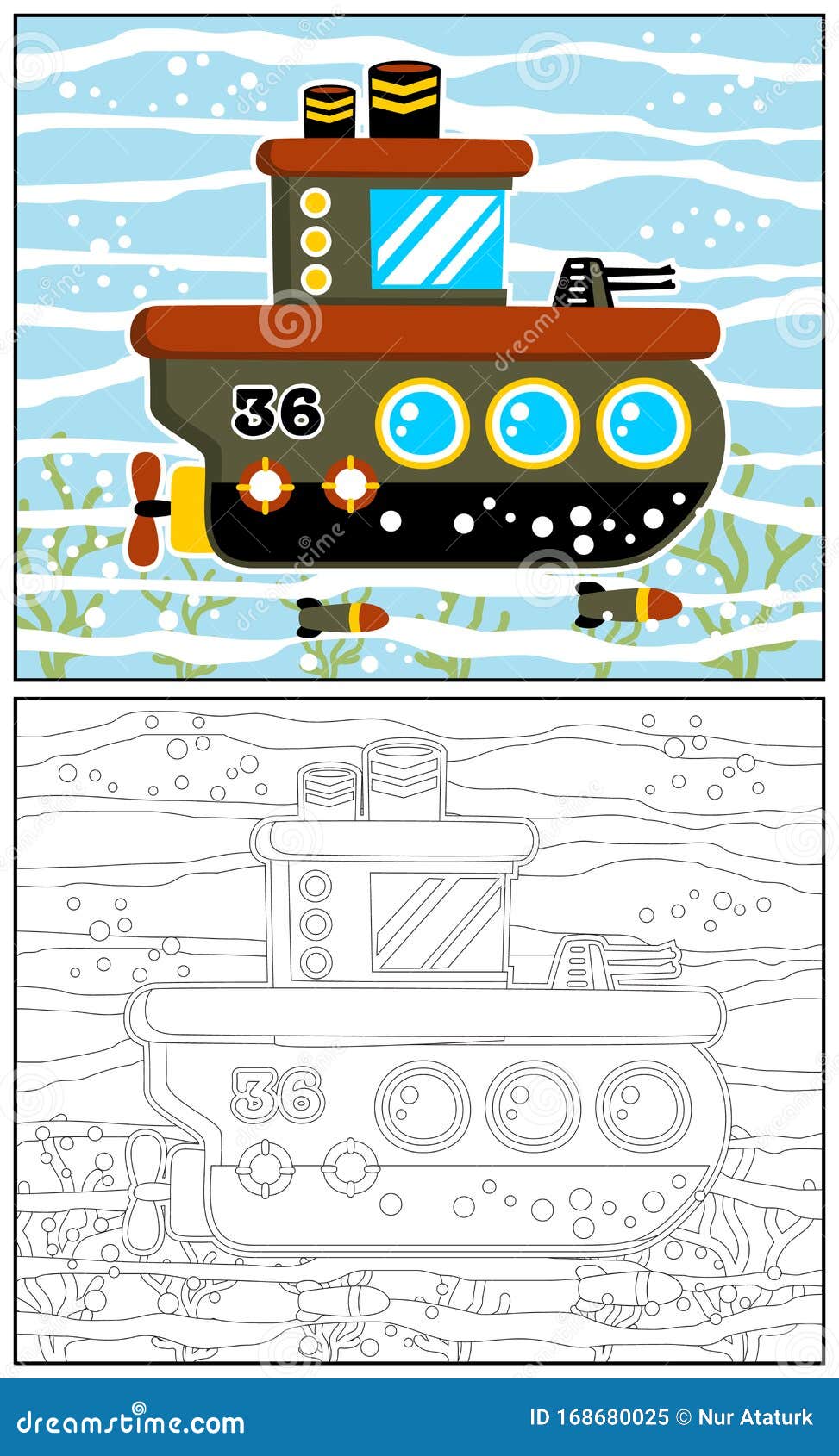  cartoon of military submarine, coloring book or page